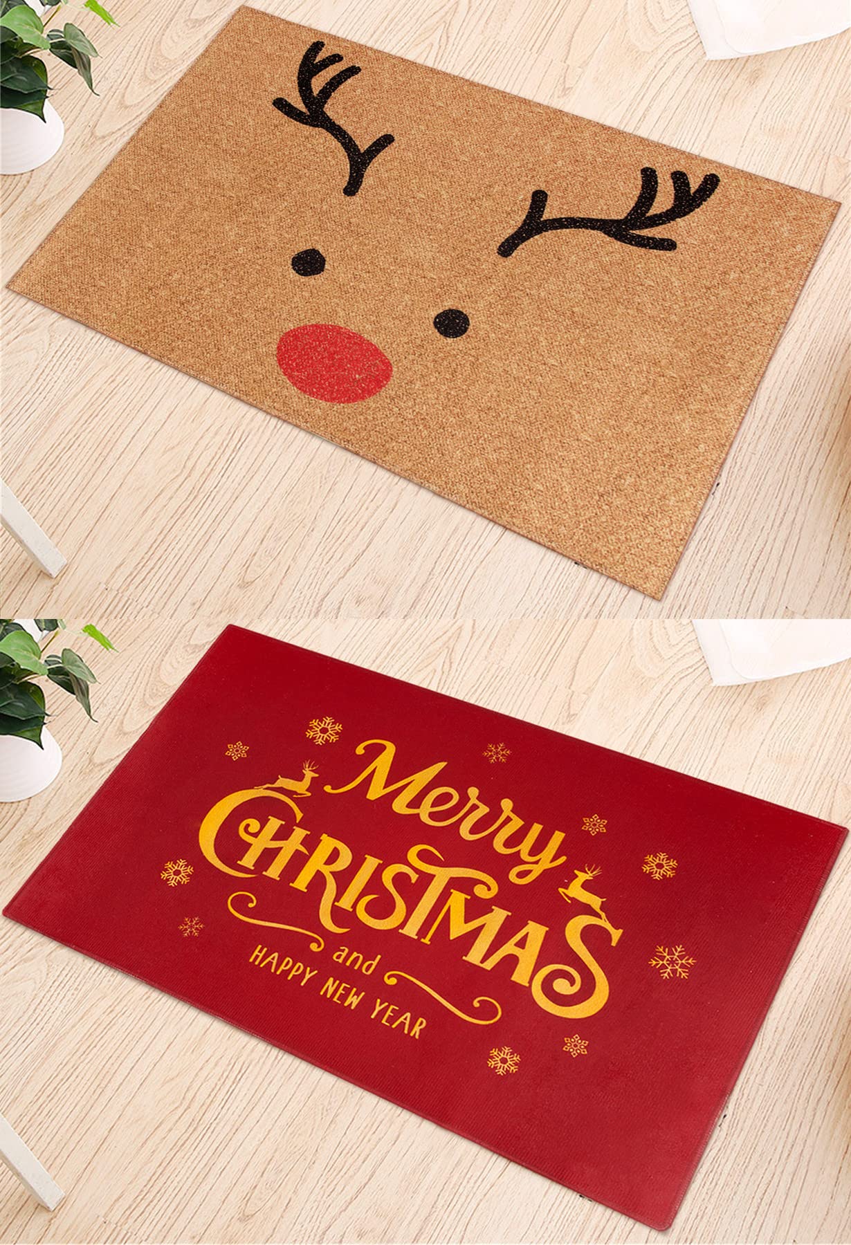 2pcs Christmas Door Mat 40x60cm Reindeer Merry Christmas Red Non-Slip Door Mat Winter Christmas Decorations (Elk and Gold Xmas)