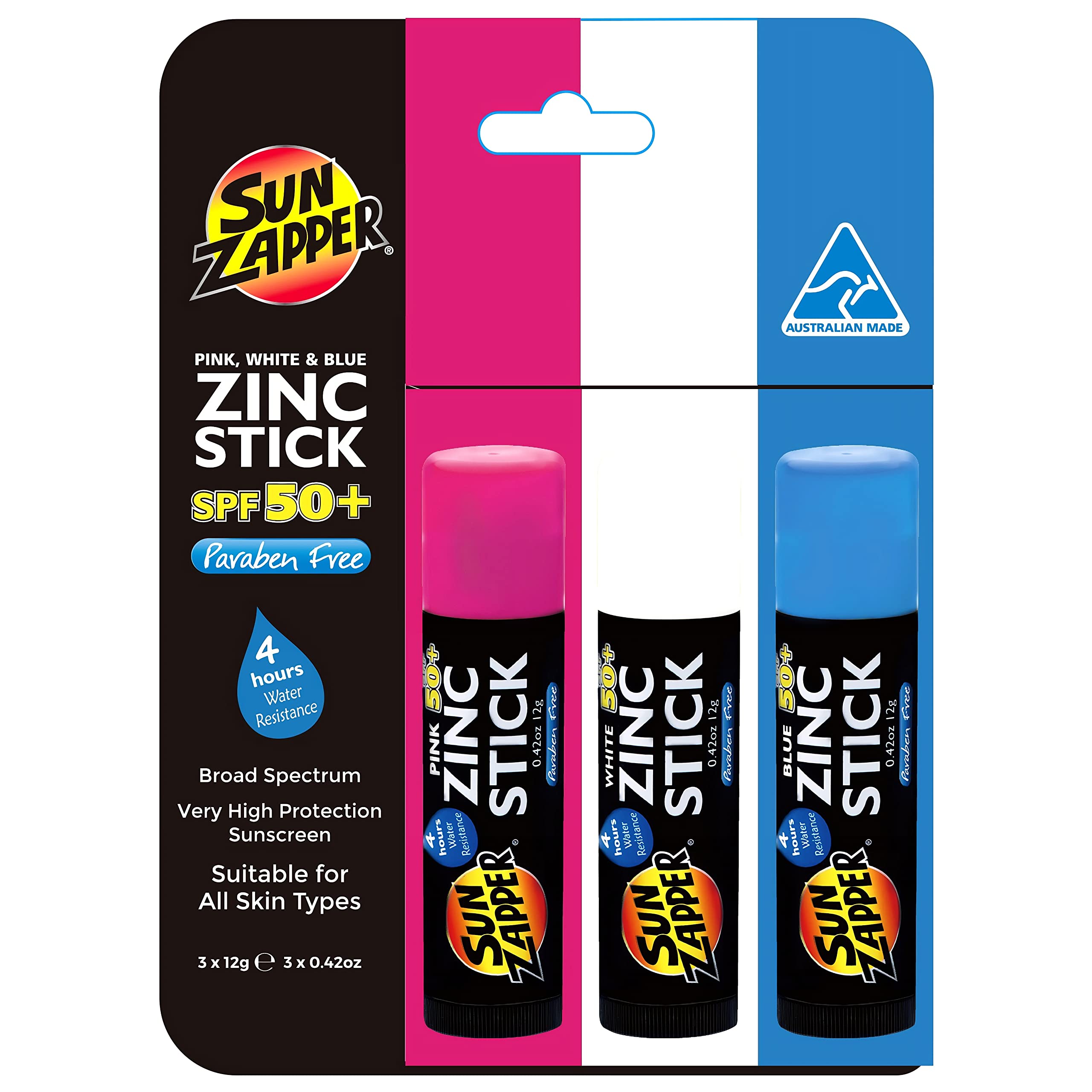 Sun Zapper Zinc Stick - Pink, White, Blue Face Sunblock SPF50+ Coloured Zinc Sunscreen Sticks Made in Australia