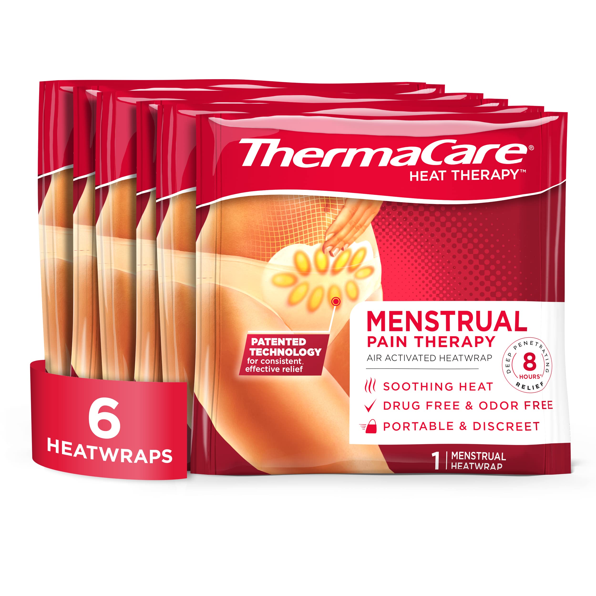 ThermaCare Portable Menstrual Heating Pad, Adhesive Period Therapy Heat Patches for Cramps and Backache Relief, HSA/FSA Eligible & Approved, 6 Count