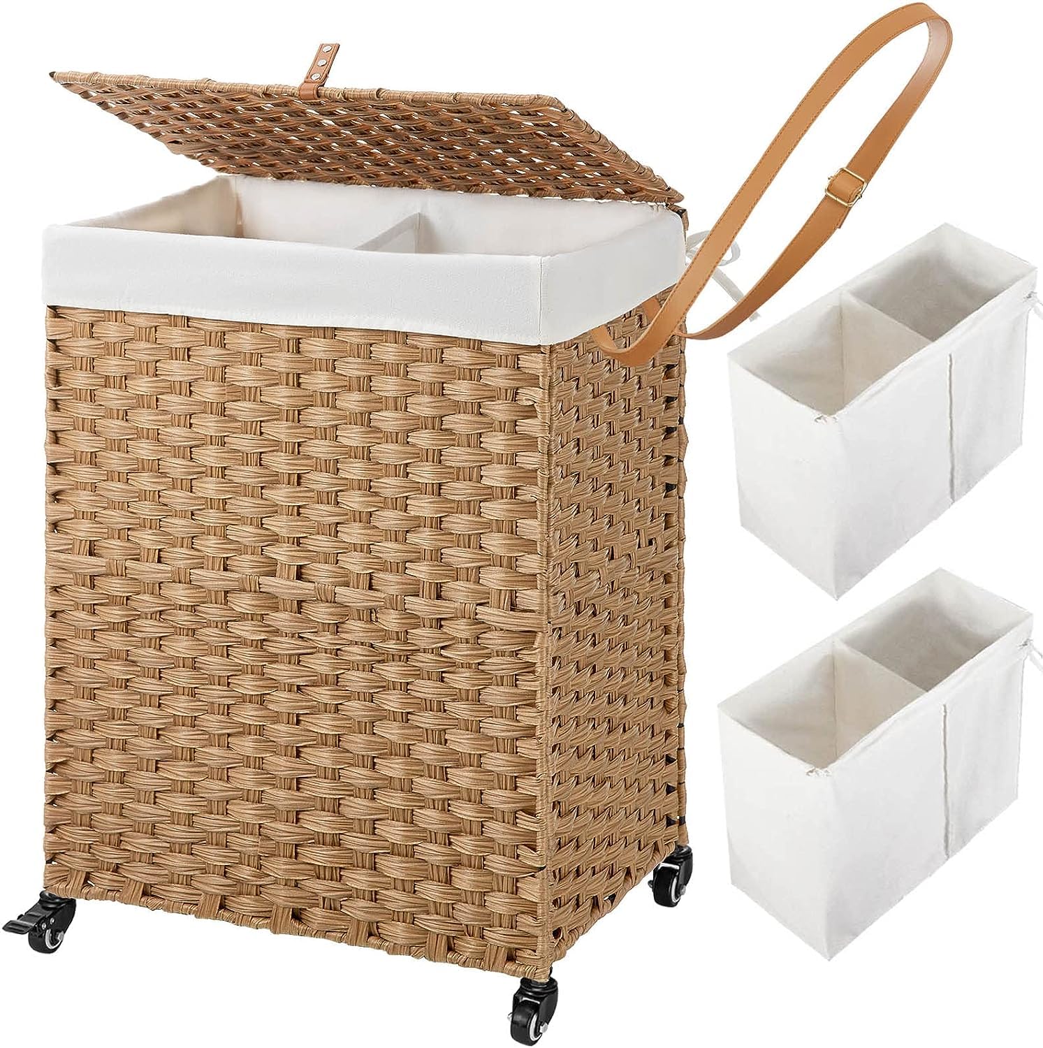 TMO Laundry Basket with Wheels and 2 Removable Liner Bags, Synthetic Rattan Handwoven Clothes Laundry Hamper with Lid and Handle, Foldable and Easy to Install (Black 90L 46 * 33 * 67CM) (BROWN)