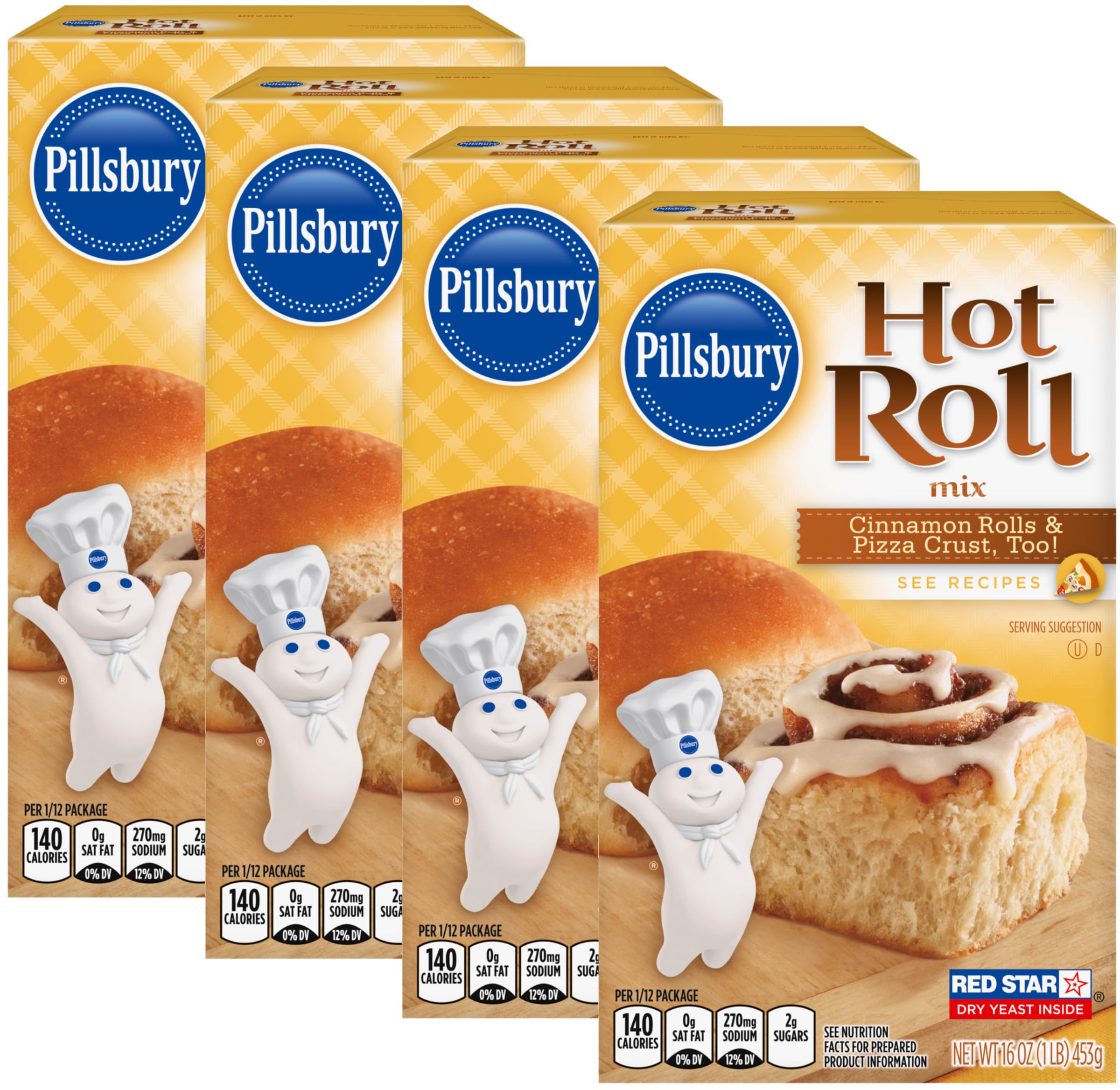 CAIKEZI Pillsbury Hot Roll Mix, 16-Ounce Box (Pack of 4) with By The Cup Swivel Spoon