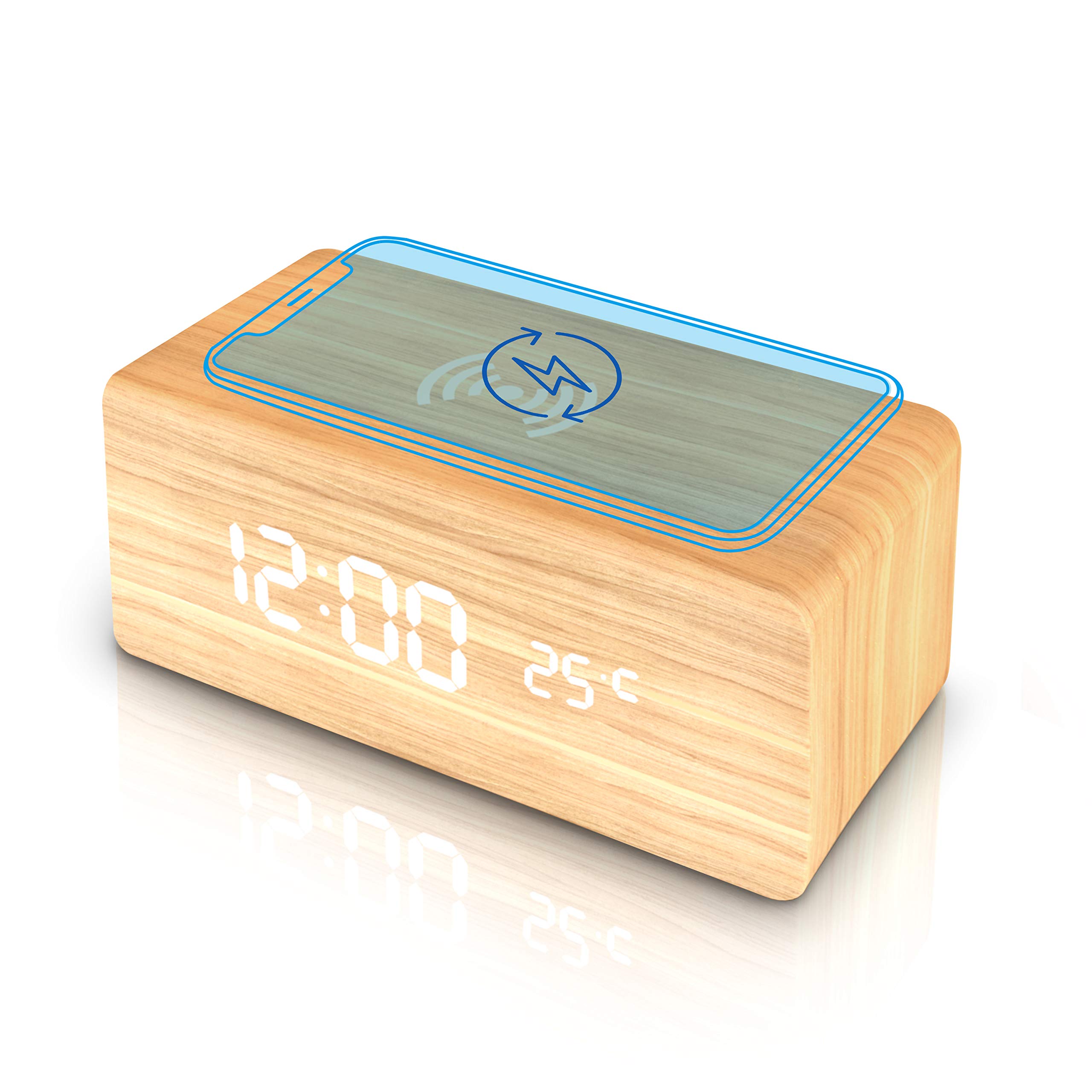 Wooden Alarm Clock with Wireless Charging Pad, LED Digital Clock with Large Date and Temperature Display, Sound Control, Adjustable Brightness, Suitable for Bedroom, Office, Bedside