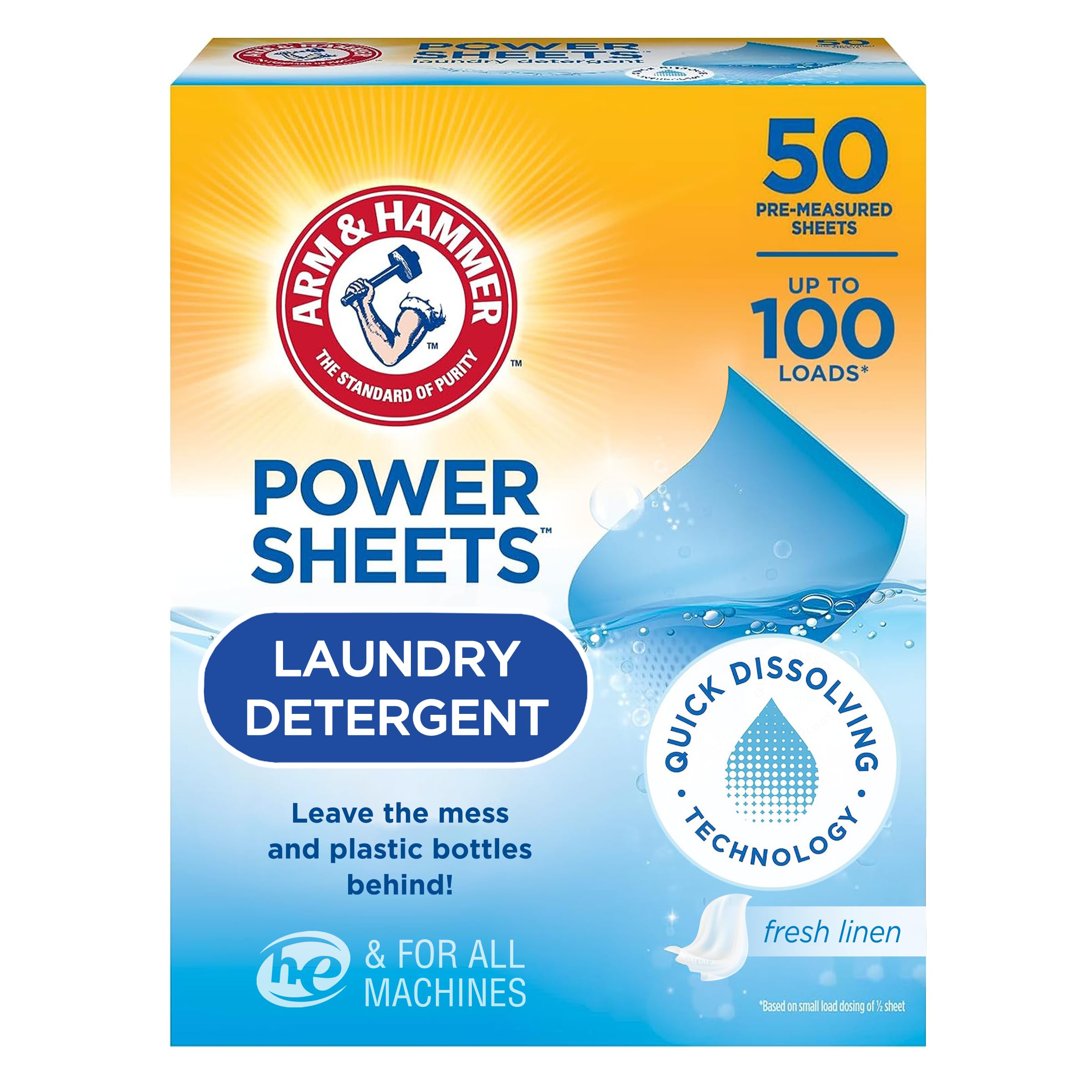 Arm & Hammer Power Sheets Laundry Detergent, Fresh Linen 50ct, up to 100 Small Loads (Packaging may vary)