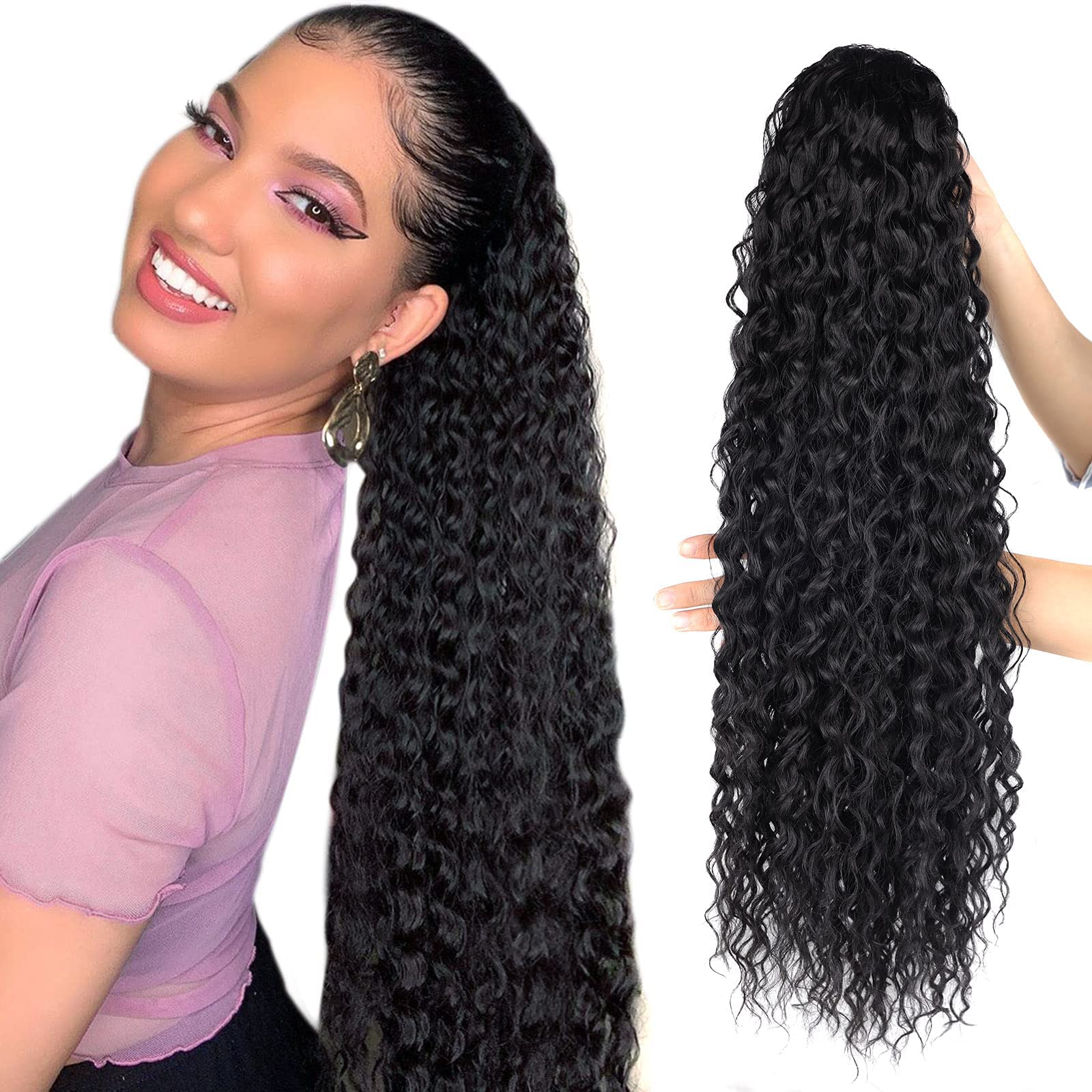 Black Ponytail-Extensions Curly-Drawstring Hair Extension Ponytail human hair Feeling Long 24Inch Wave Clip in Hair Extensions Ponytail Synthetic Hairpiece for Black Women (1#,5.64 OZ)