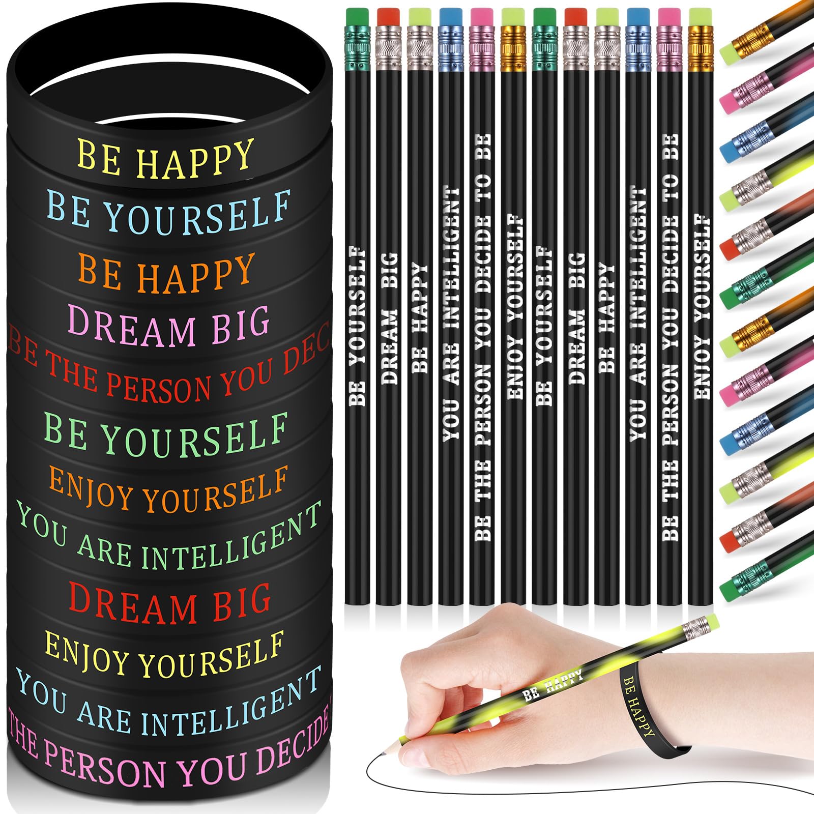 Sabary 48 Pcs Motivational Pencils Inspirational Silicone Bracelets Set Mood Pencil Motivational Quote Rubber Wristbands for Kids Teens Christmas Classroom Gifts for Students (Black Background)