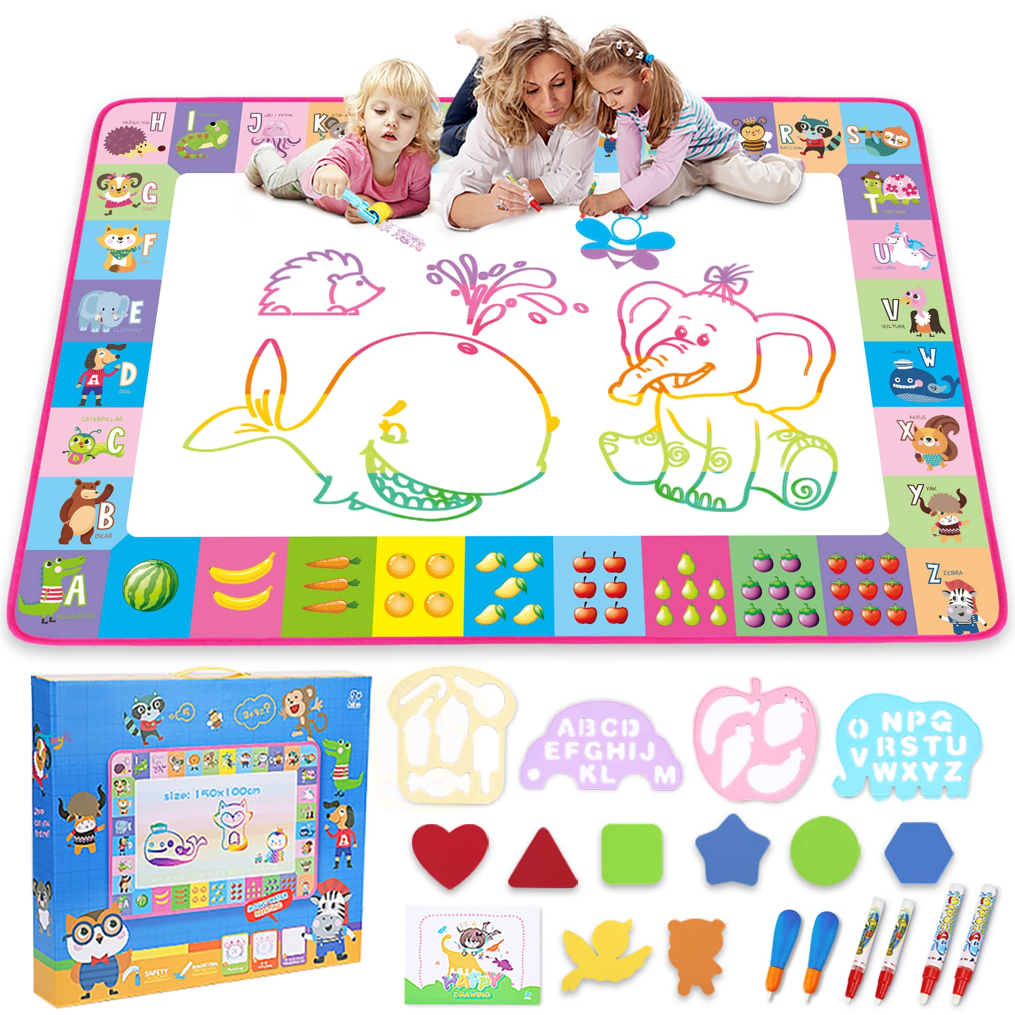 Aqua Magic Mat - Kids Painting Writing Doodle Board Toy - Color Doodle Drawing Mat Bring Magic Pens Educational Toys for Age 1 2 3 4 5 6 7 8 9 10 11 12 Year Old Girls Boys Age Toddler Gift (Pink)