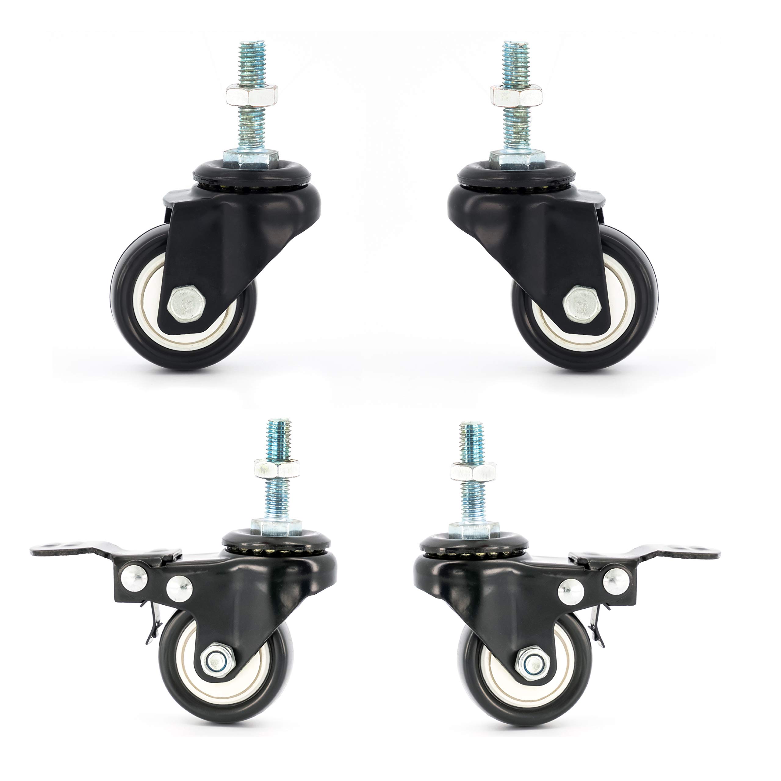 4 x Castor Wheels by FPM Direct Heavy Duty 200Kg Load Rating 40mm PU Rubber Swivel Castors with Brakes in Black, M8 Thread Fixing Nuts Included Trunk Trolley Furniture Cabinet Caster