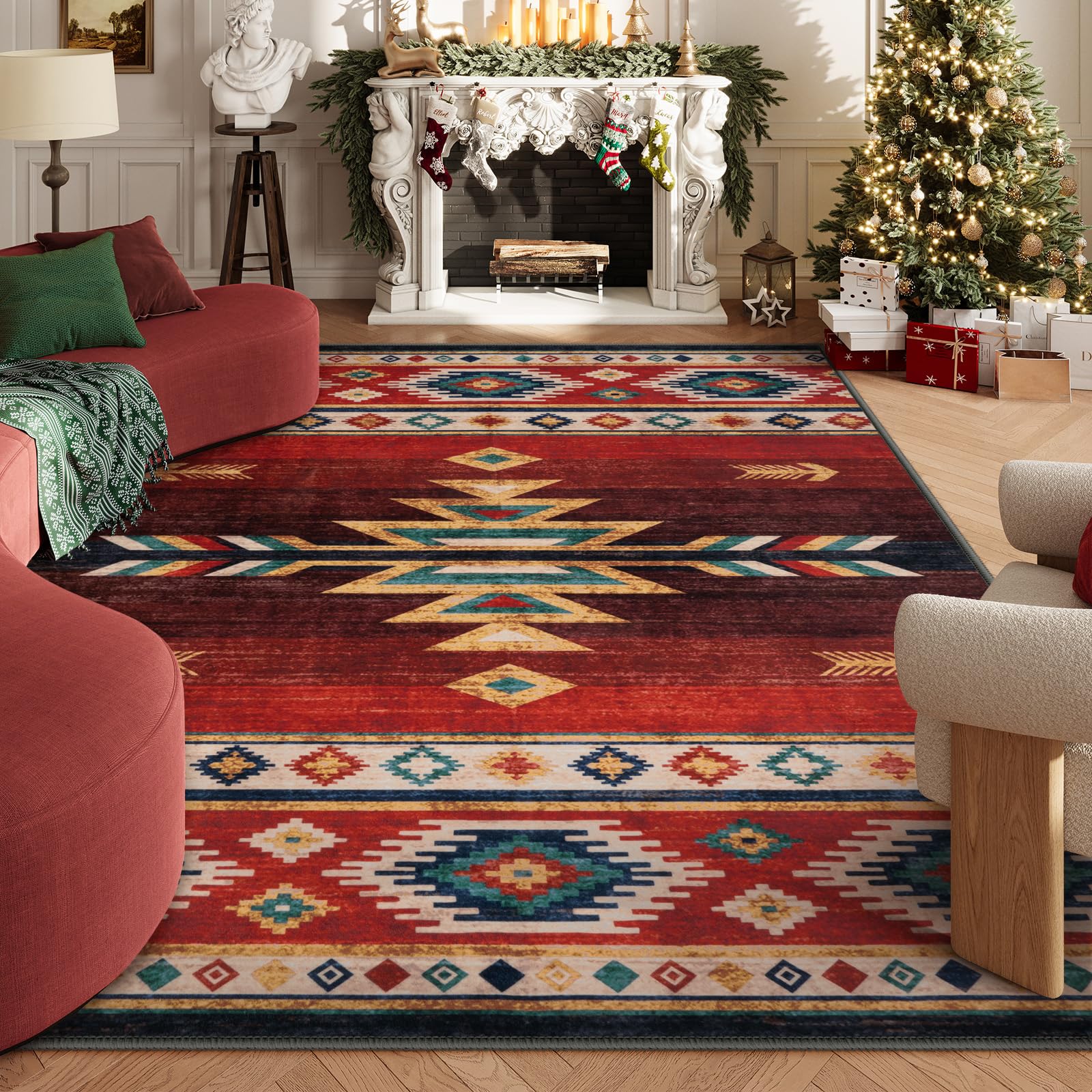 LIVEBOX Washable Western Rug 8x10 - Christmas Aztec Living Room Rug Thin Red Rugs for Bedroom, Large Farmhouse Rug Carpet Southwest Rug for Dining Room Office, Red