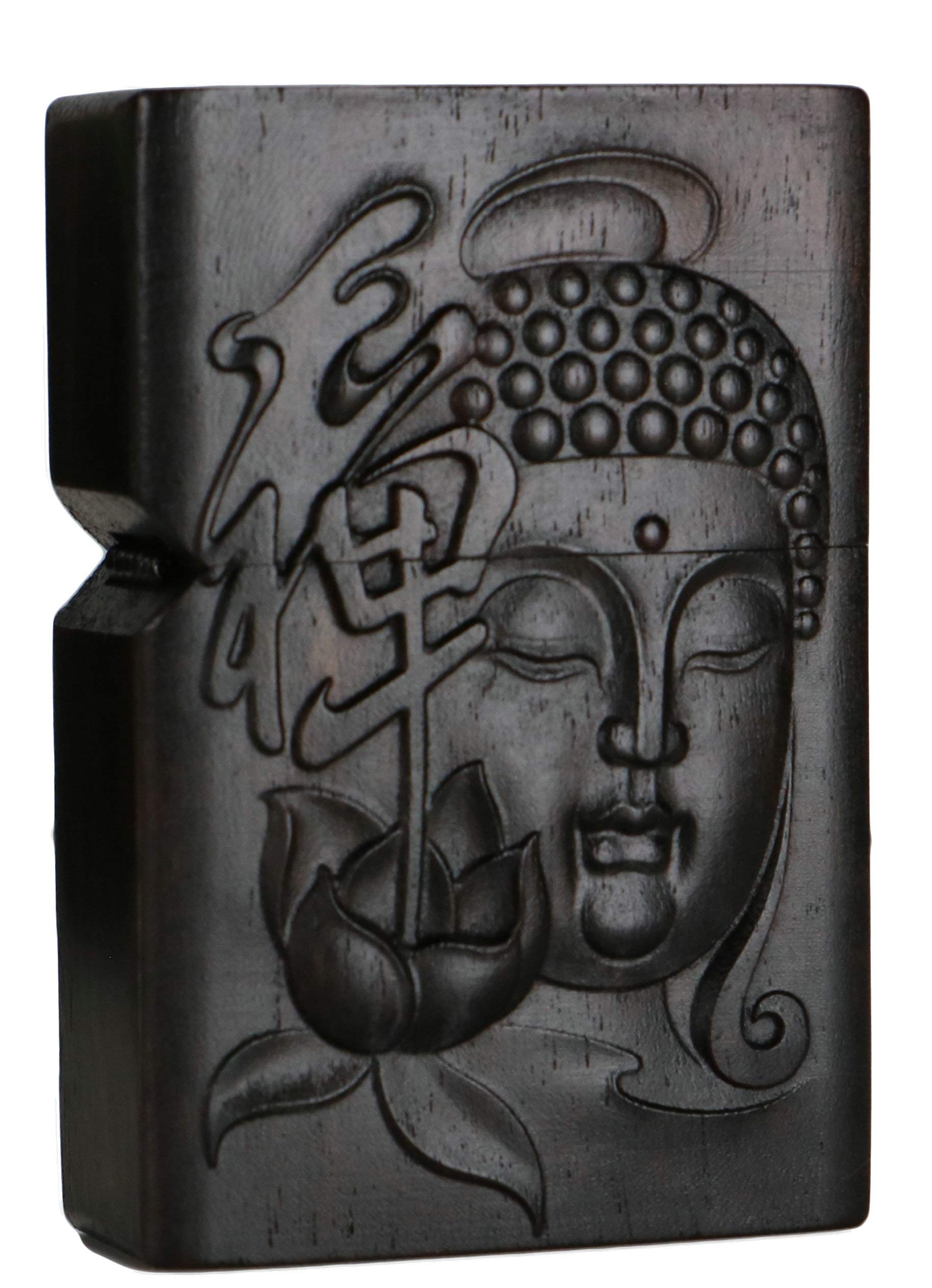 Natural Ebony Black Wood Carved Lighter Outer Casing for Zippo Insert Kit(Shakyamuni Amitabha Buddha 4#)