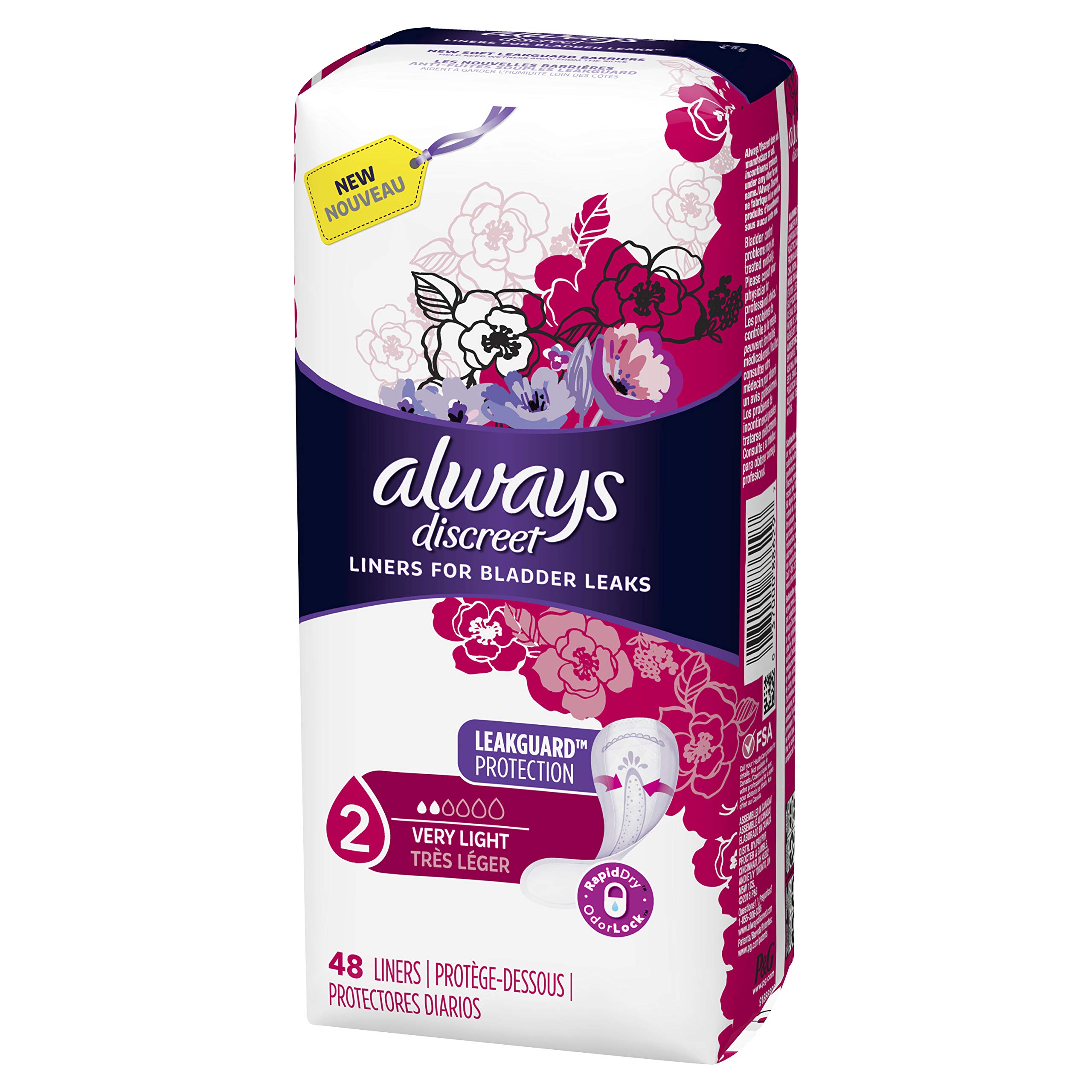 Always Discreet Incontinence Liners, Very Light Absorbency, Regular Length, 48 Count