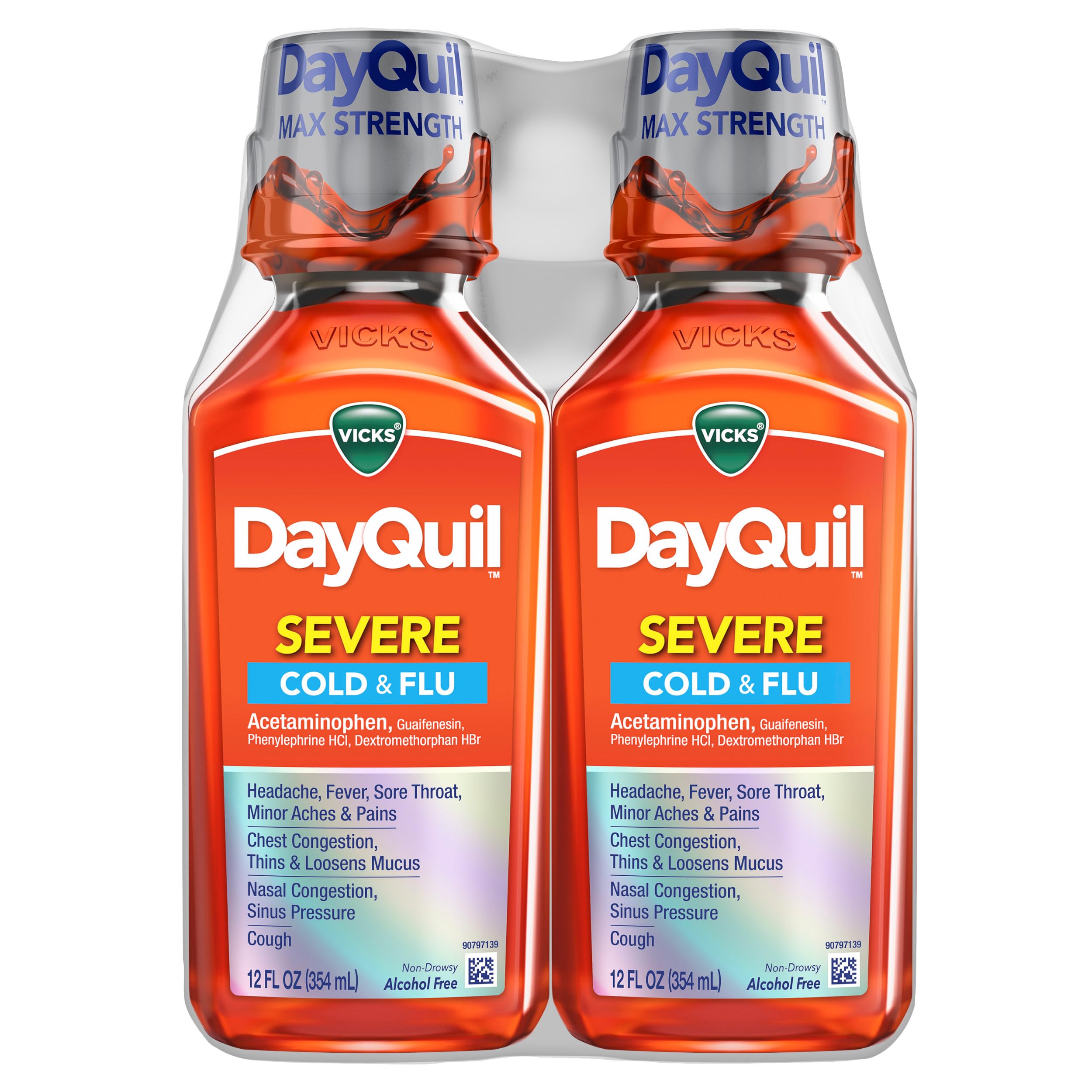 Vicks DayQuil Severe Cold & Flu Liquid Medicine, Daytime Relief for Headache, Fever, Sore Throat, Minor Aches & Pains, Chest Congestion, Stuffy Nose, Nasal Congestion, Sinus Pressure, & Cough, 2x12oz