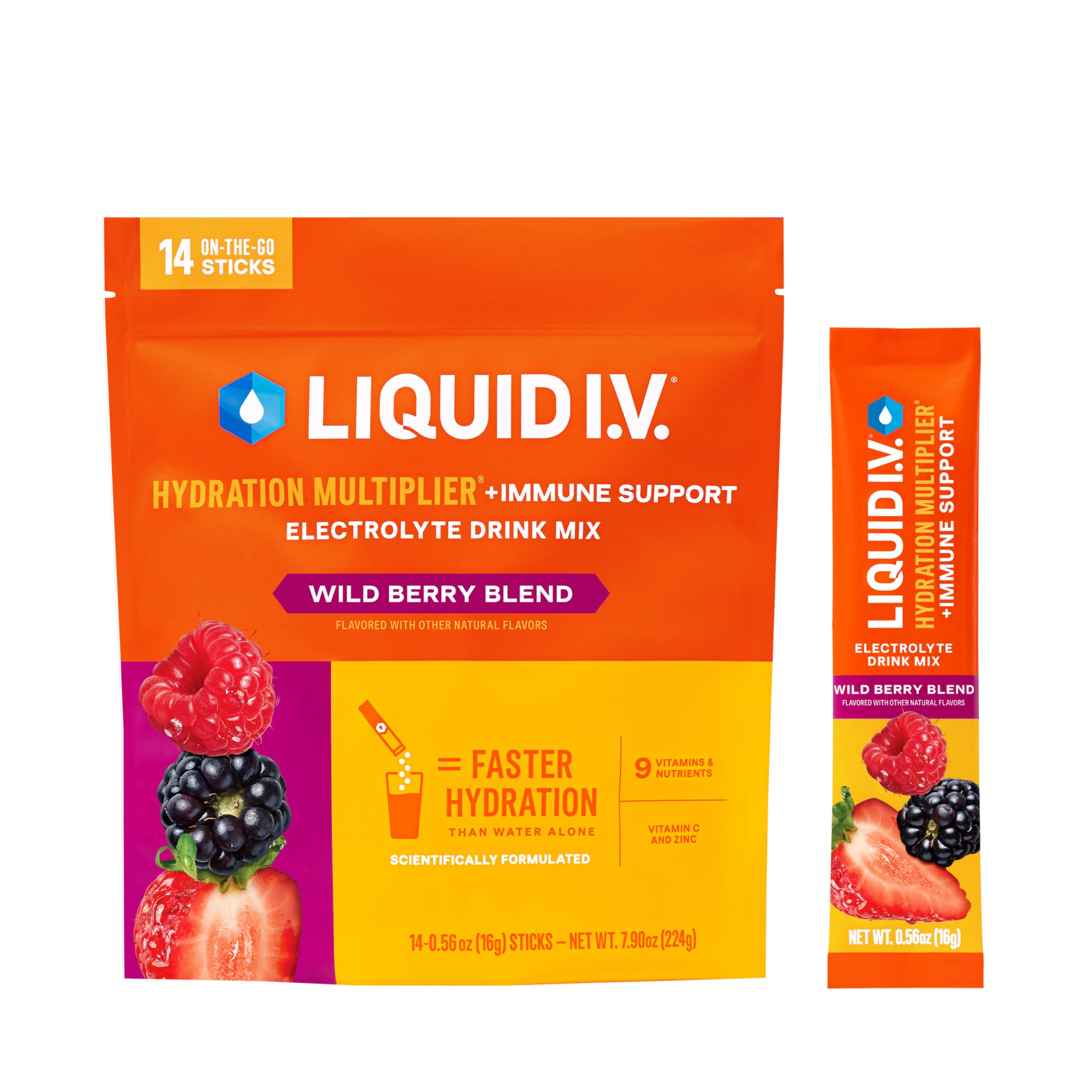 Liquid I.V.® Hydration Multiplier +Immune Support - Wild Berry Blend | Electrolyte Powder Drink Mix | 1 Pack (14 Servings)