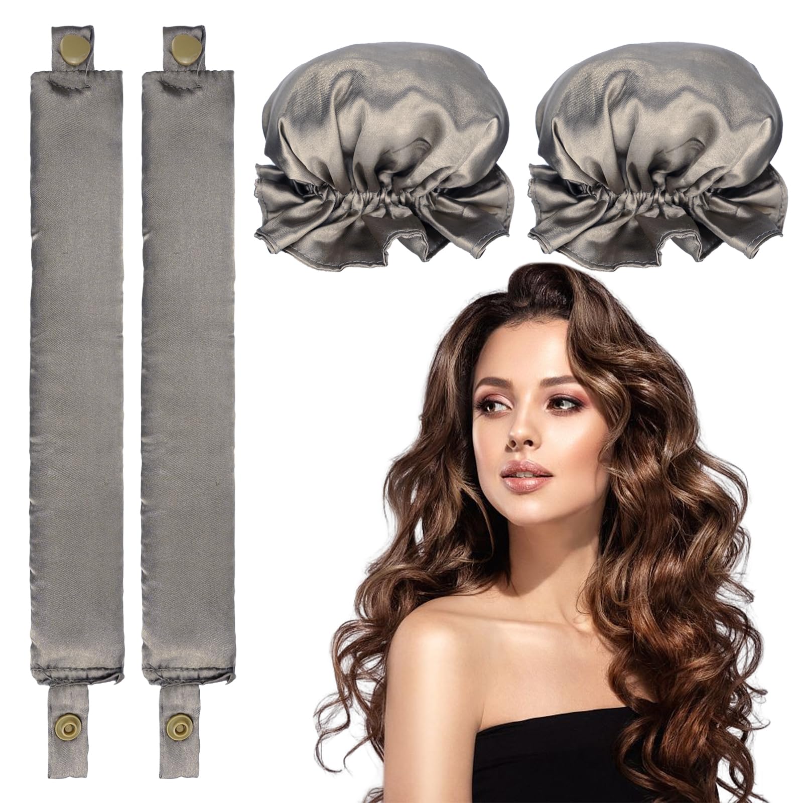 2 Pack Heatless Hair Curler Silver Grey Satin Heatless Curls Headband with Hairnet Heatless Curls Set for Girls Women Sleeping Styling Hairdressing DIY Curlers Hair Tools