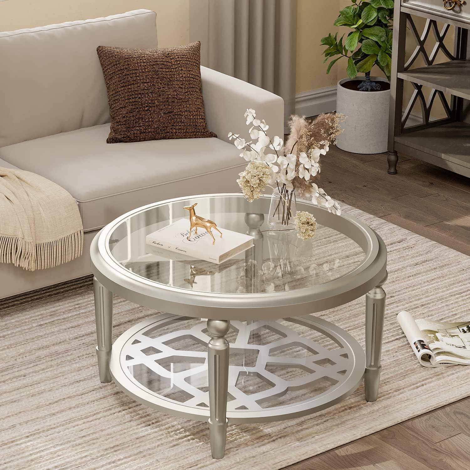 COSIESTRound Coffee Table, MDF Sofa Table with Storage Open Shelf, Double-Tempered Glass Living Room Table, End Table for Living Room, Modern Design Home Furniture (Champagne)