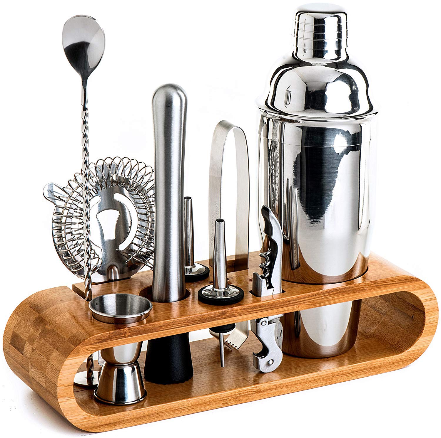 Bartender Kit: 11-Piece Bar Tool Set With Stylish Bamboo Stand - Perfect Home Bartending Kit And Martini Cocktail Shaker For An Awesome Drink Mixing Experience ExclUSive Recipes BonUS, Silver