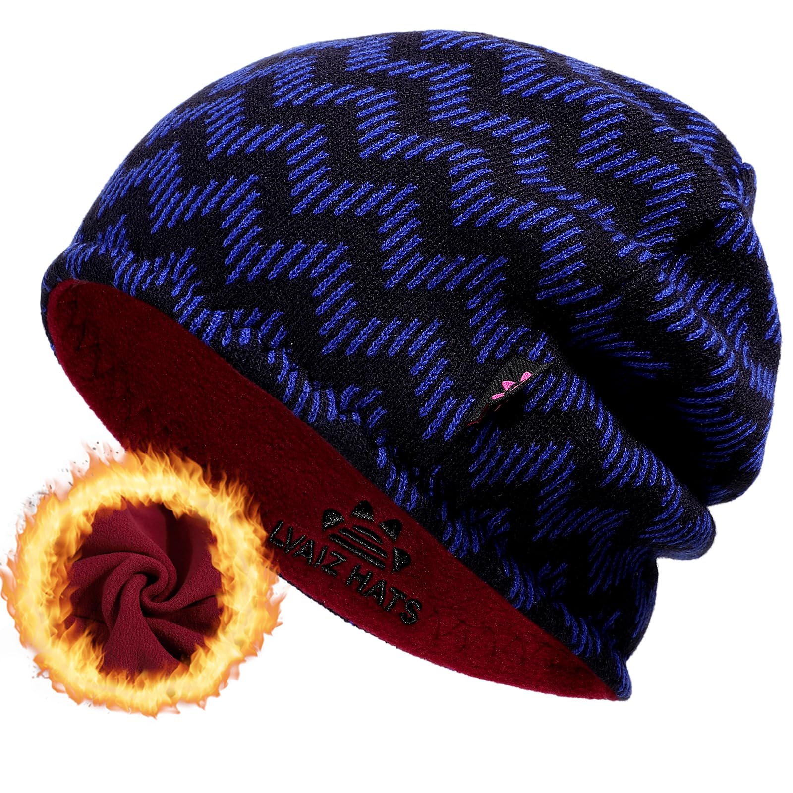 Winter Beanie Hat for Men Women Fleece Lined Thick Warm Plaid Knitted Skull Beanie Reversible Outdoor Windproof Ski Watch Cap