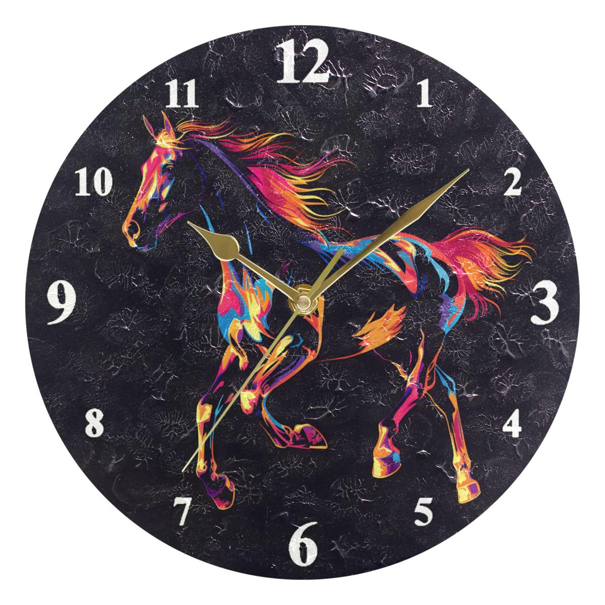 JIPONI Silhouette of A Running Horse Wall Clock Silent Non-Ticking, 9.8 Inch Round Clocks Decorative for Living Room Kitchen Bedroom Office, Gold