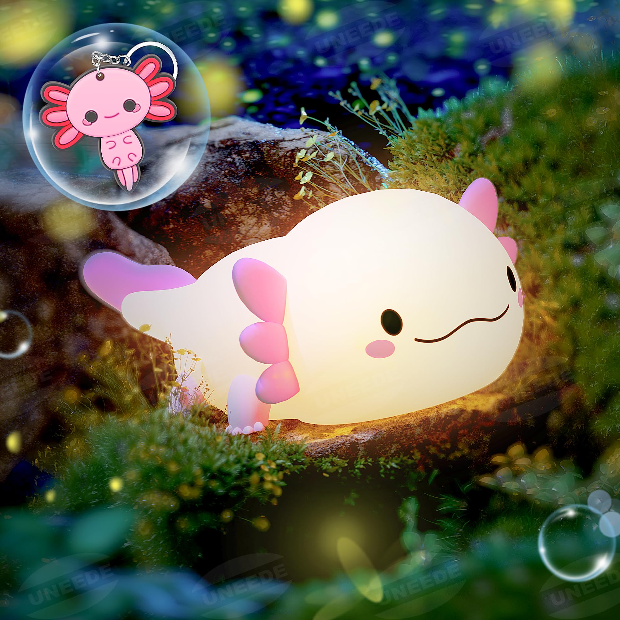 UNEEDEAxolotl Night Light for Kids with Axolotl Keychain,Animal Silicone Nursery Night Lamp, Rechargeable Table Lamp Bedside Lamp,Cute Room Decor Night Light for Bedroom,Desk Decorations,Gift