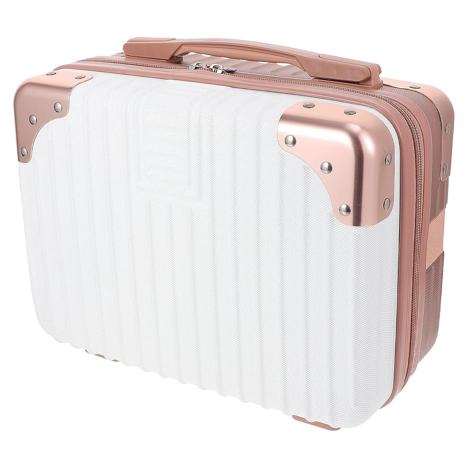 DROZIP Mini Hard Shell Travel Luggage Makeup Vanity Case with Lock Password Zipper Bag for Women Portable Water Proof Carrying Suitcase Organizer (Rose Pink-White)