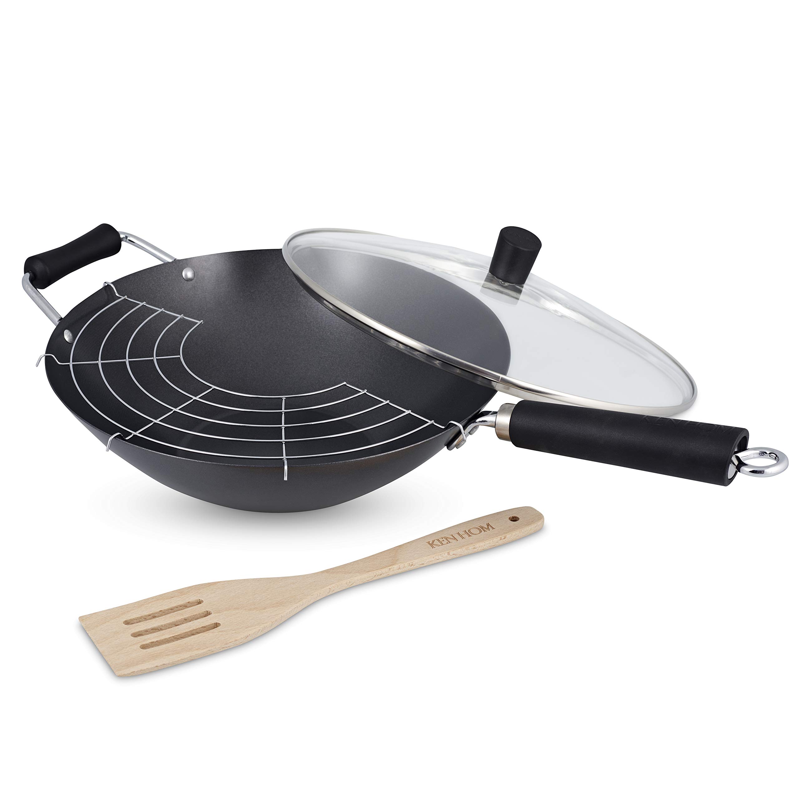 Ken HomCarbon Steel Wok Set, 31cm, Excellence, Induction Hobs/Dishwasher Safe/Phenolic Handle, Includes Wok Pan with Lid, Wok Utensil & Rack, KH431041