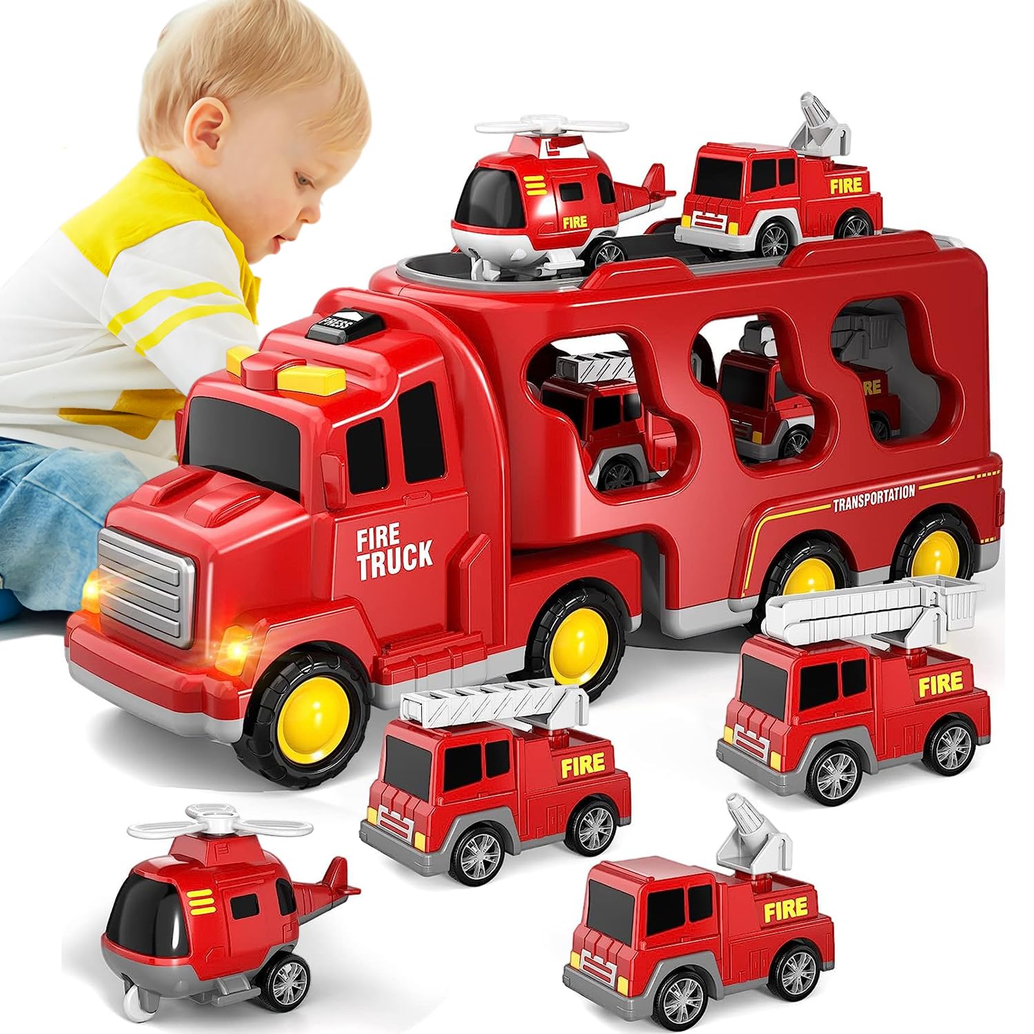 Masroo Toddler Carrier Truck Transport Vehicles Toys - 5 in 1 Toys for 3 4 5 6 7 Year Old Boys, Kids Toy Cars for Toddlers 1-3, Friction Power Set for Kids 3-9, Christmas for 3+ (5 in 1 Fire Truck)