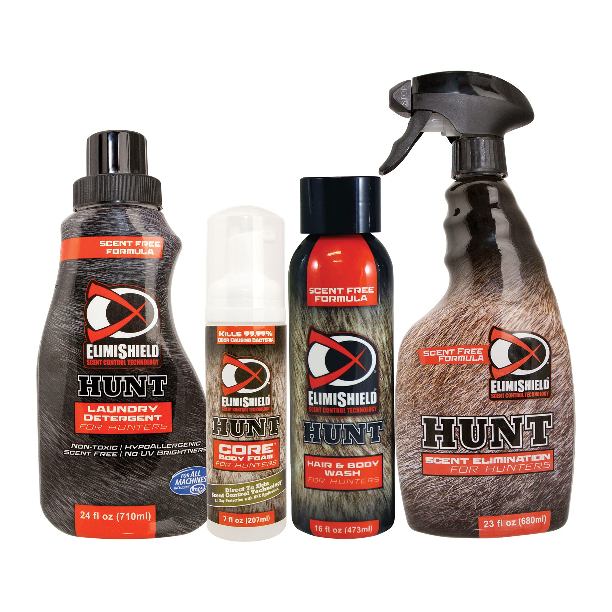 Bryson Industries Elimishield Starter Kit: Scent Control for Hunting (Laundry Detergent, Body Foam Sanitizer, Hair and Body Wash, and Spray),BELM0428