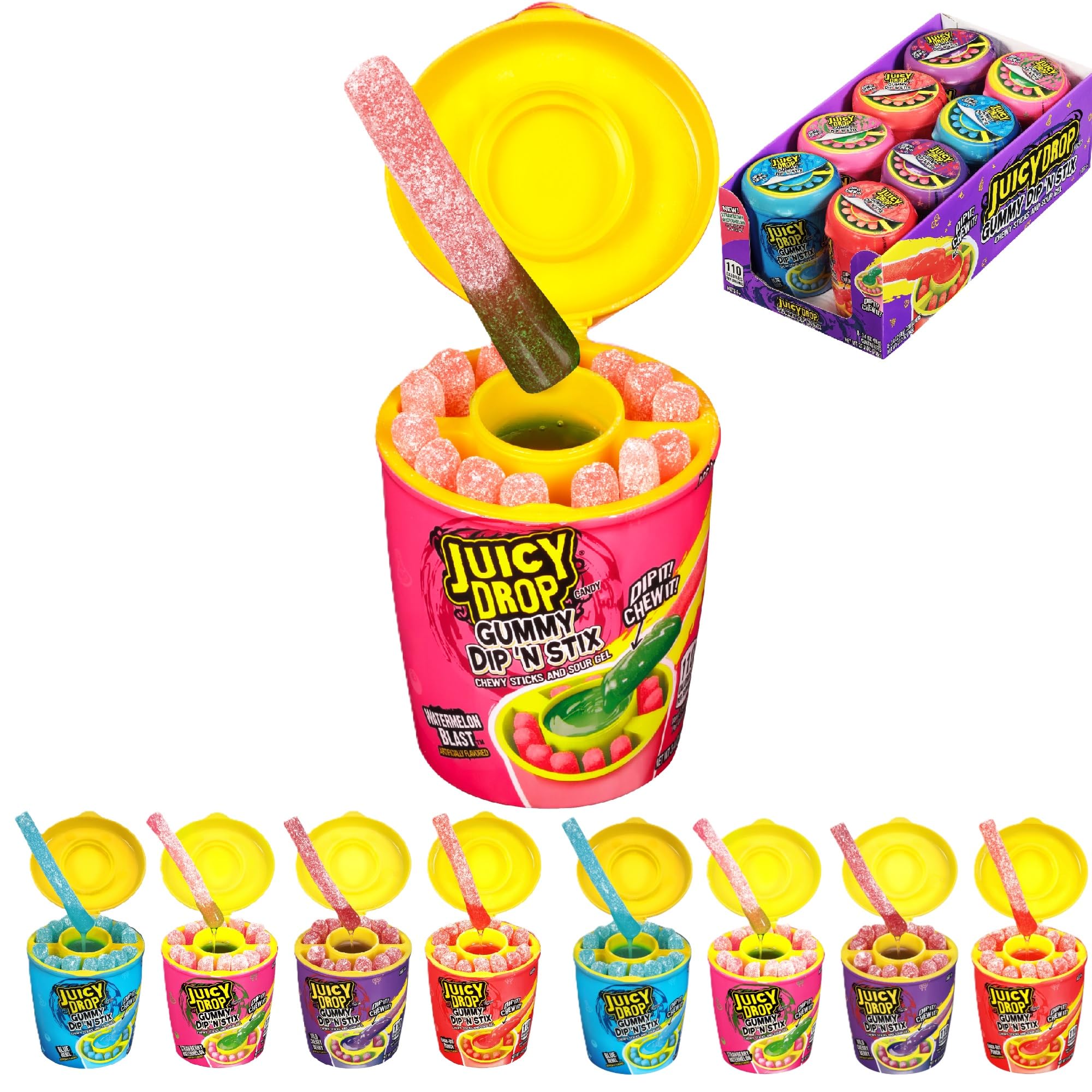 Juicy DropHoliday Sour Candy Dip N Stix - 8 Ct Sour Candy Gel With Sweet Dipping Sticks in Assorted Fruity Flavors - Candy Variety Pack For Stocking Stuffers, Party Favors, Holiday Gifts For Kids