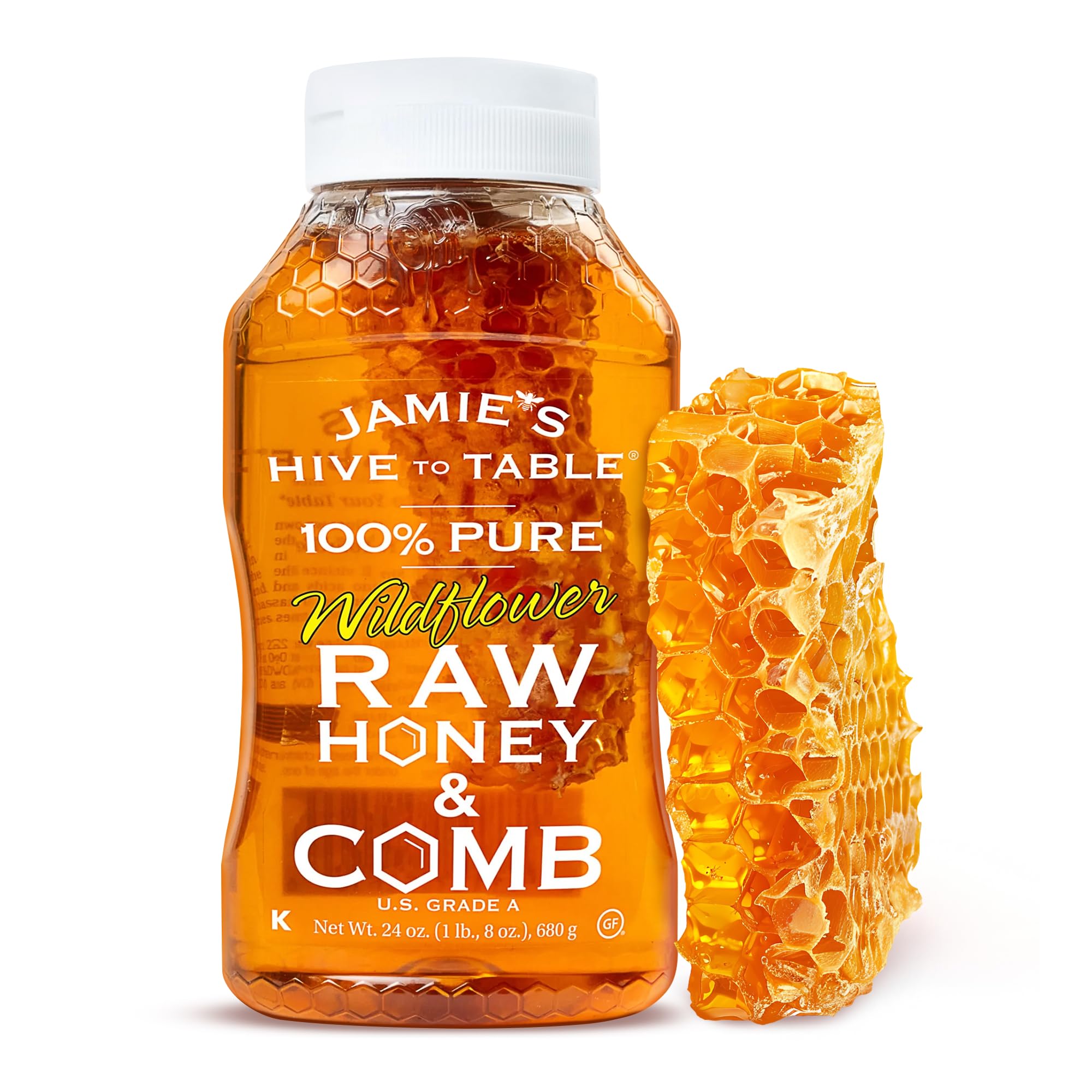 Jamie’s Hive to Table 100% Pure Wildflower Honey with Honeycomb, 24 Oz – USA Made Raw & Unfiltered Honey – Fresh Edible Honeycomb – All-Natural Sweetener – Rich Flavor Profile, Packed with Nutrients