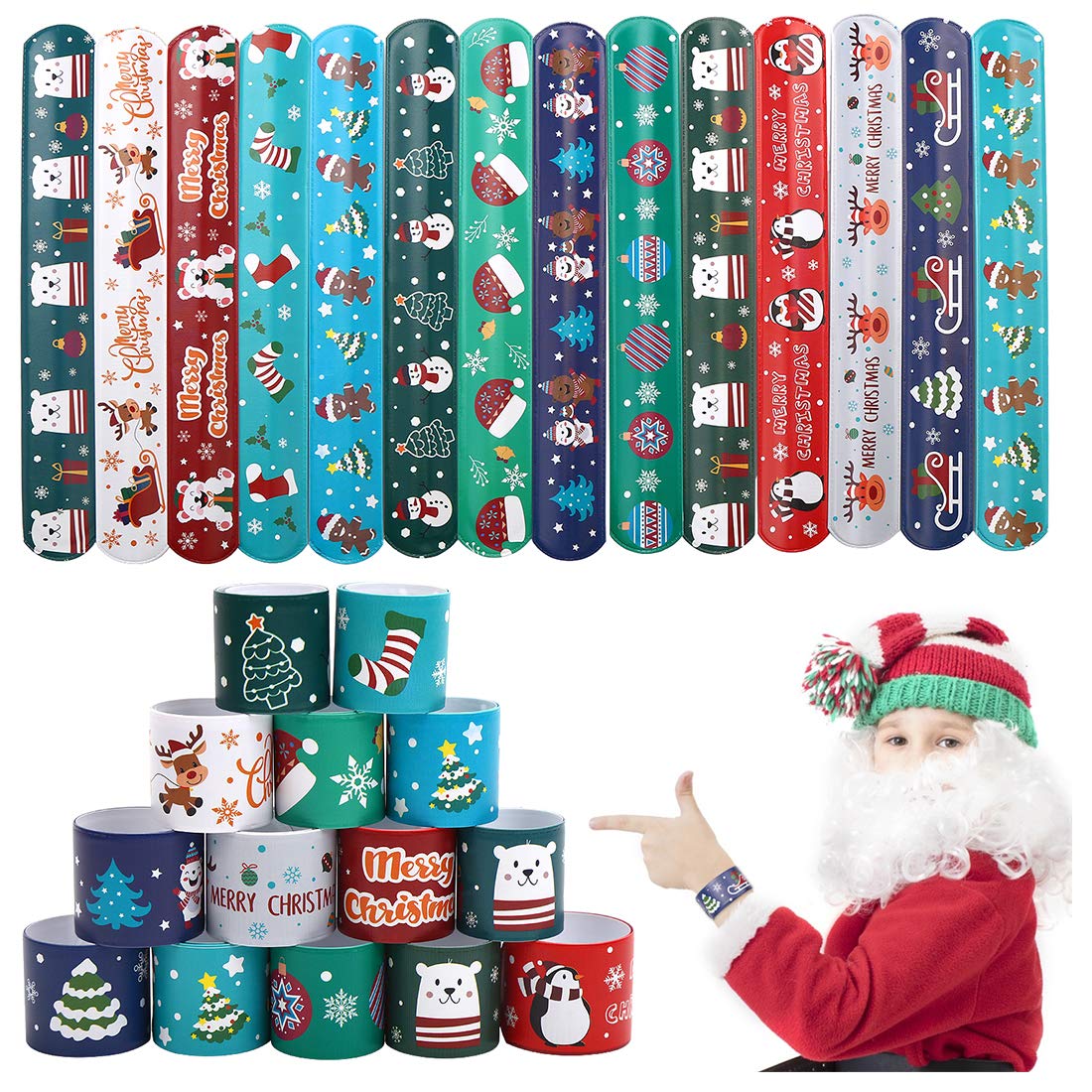 VEYLIN Christmas Slap Bracelets, 24 Kids Snap Bands Wristbands for Xmas Party Gifts Fillers Classroom Prizes