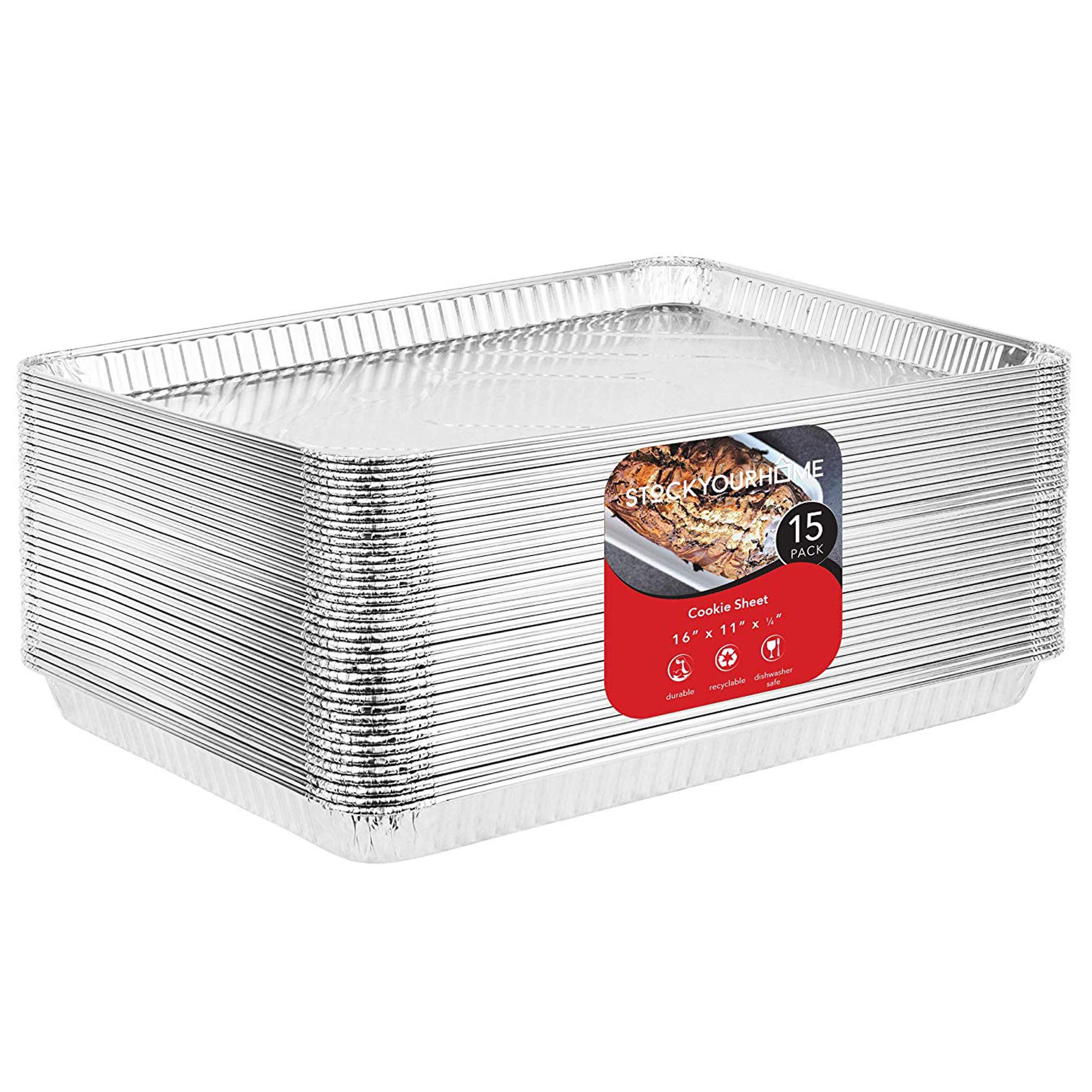 Stock Your Home Aluminum Pans Cookie Sheet Baking Pans (15 Pack) Disposable Aluminum Foil Trays - Reusable and Durable Nonstick Baking Sheets – Disposable Cookie Sheet Foil Pans - 16 Inch x 11 Inch