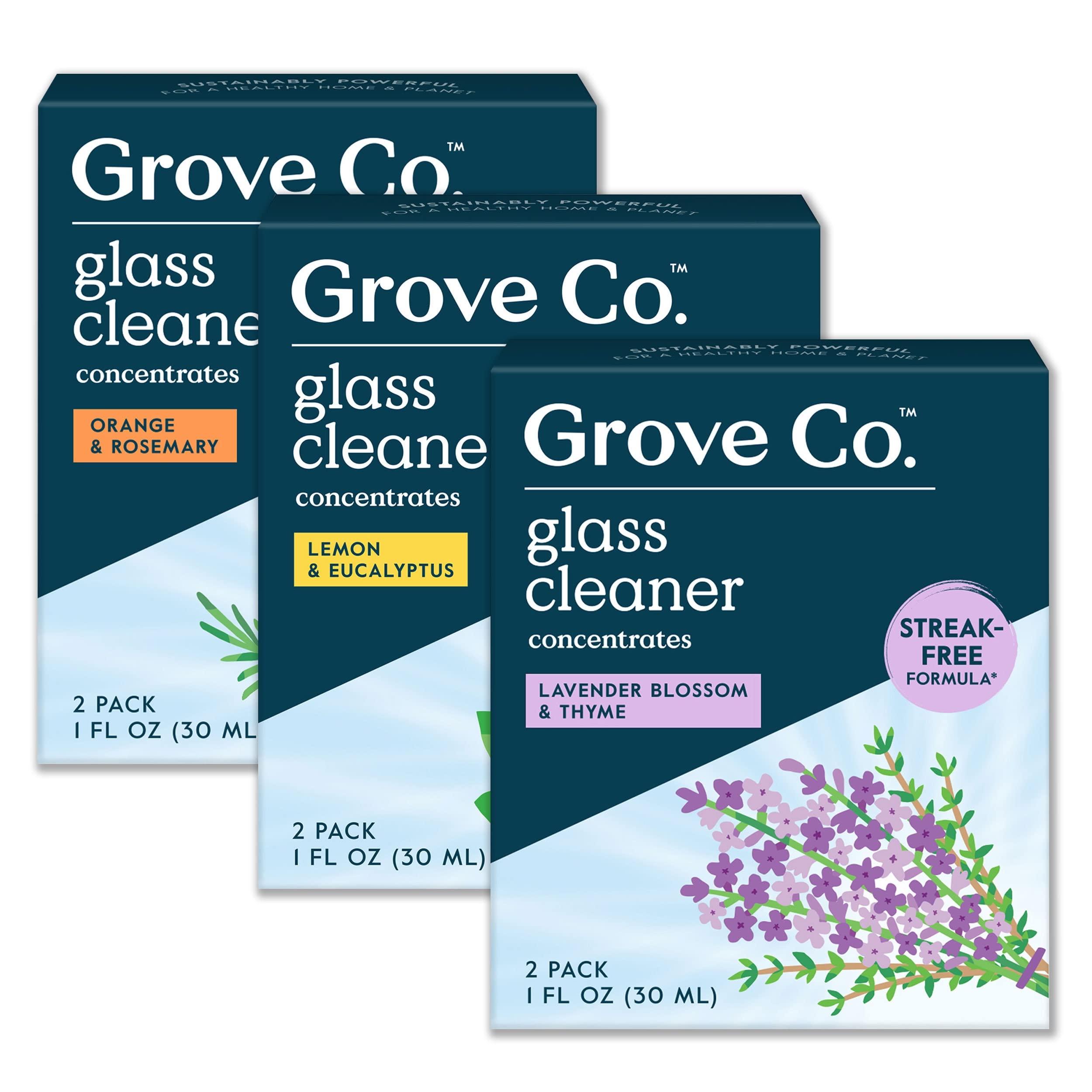 Grove Co. Glass Cleaner, Refill Concentrate Variety Pack (6 x 1 Fl Oz) Streak Free, Plant-Based Household Cleaning Supplies, No Plastic Waste, 100% Natural Fragrance, 3 x 2 Pack Refills