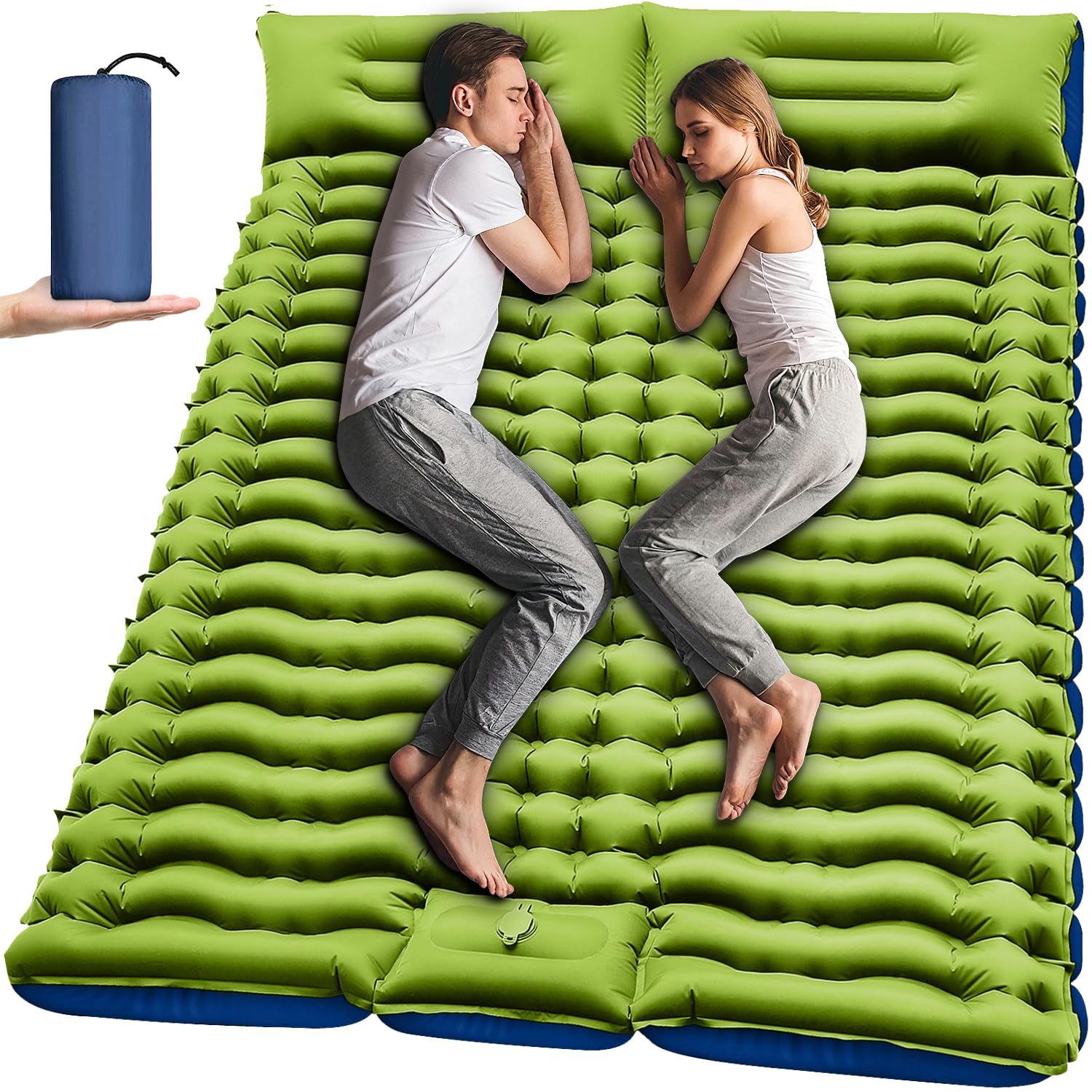 Double Sleeping Pad - Self Inflating 4" Extra-Thick for 2 Person with Pillow Built-in Foot Pump Inflatable Sleeping Mat for Backpacking, Hiking, Traveling, Tent, Portable Camping Mat