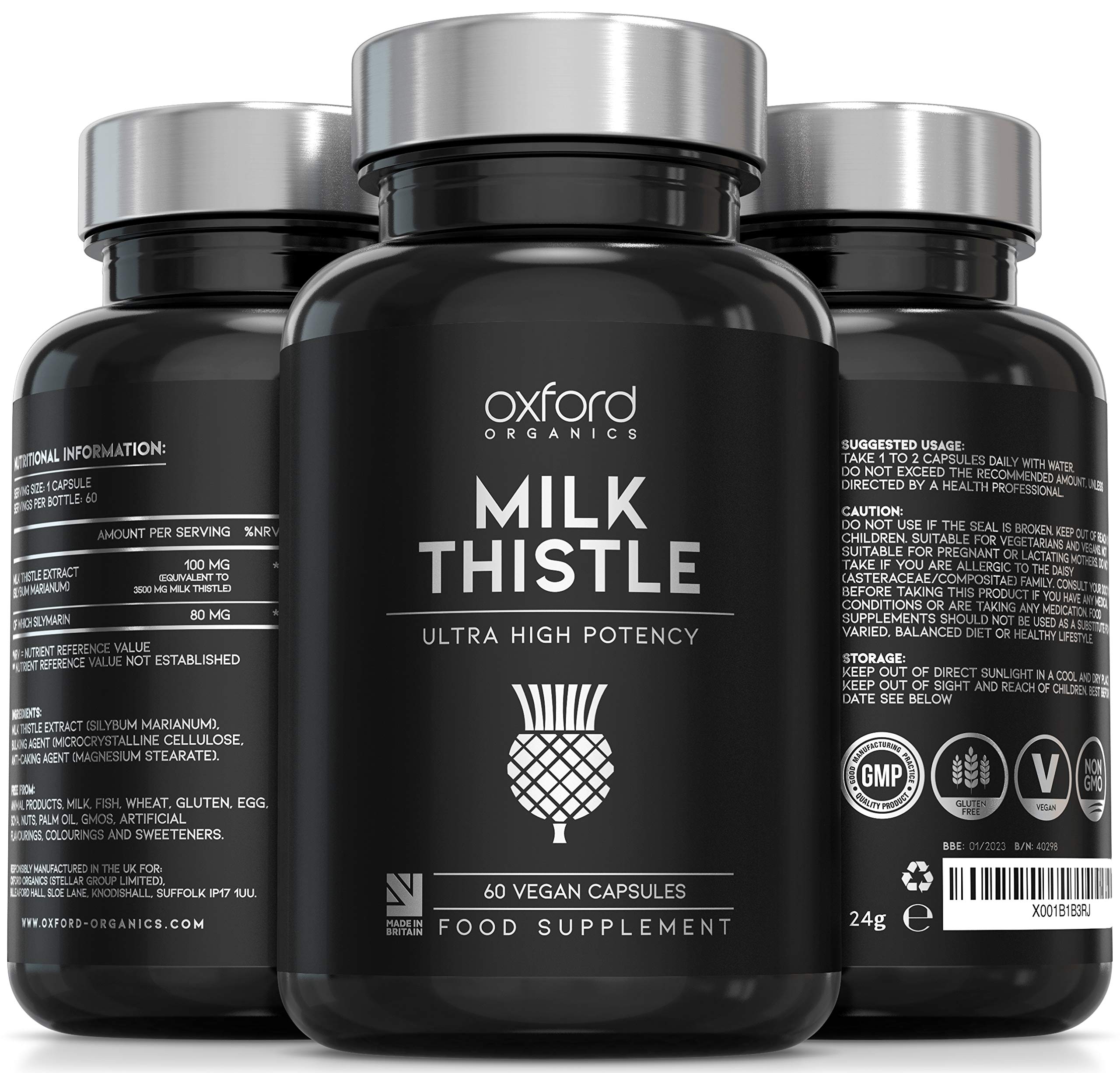 Milk Thistle Capsules High Strength 3500mg | 60 Vegan Caps Equivalent to 3500mg of Raw Milk Thistle | 100mg of Ultra High Potency Milk Thistle Extract per Capsule (80mg Silymarin!) | Made in The UK