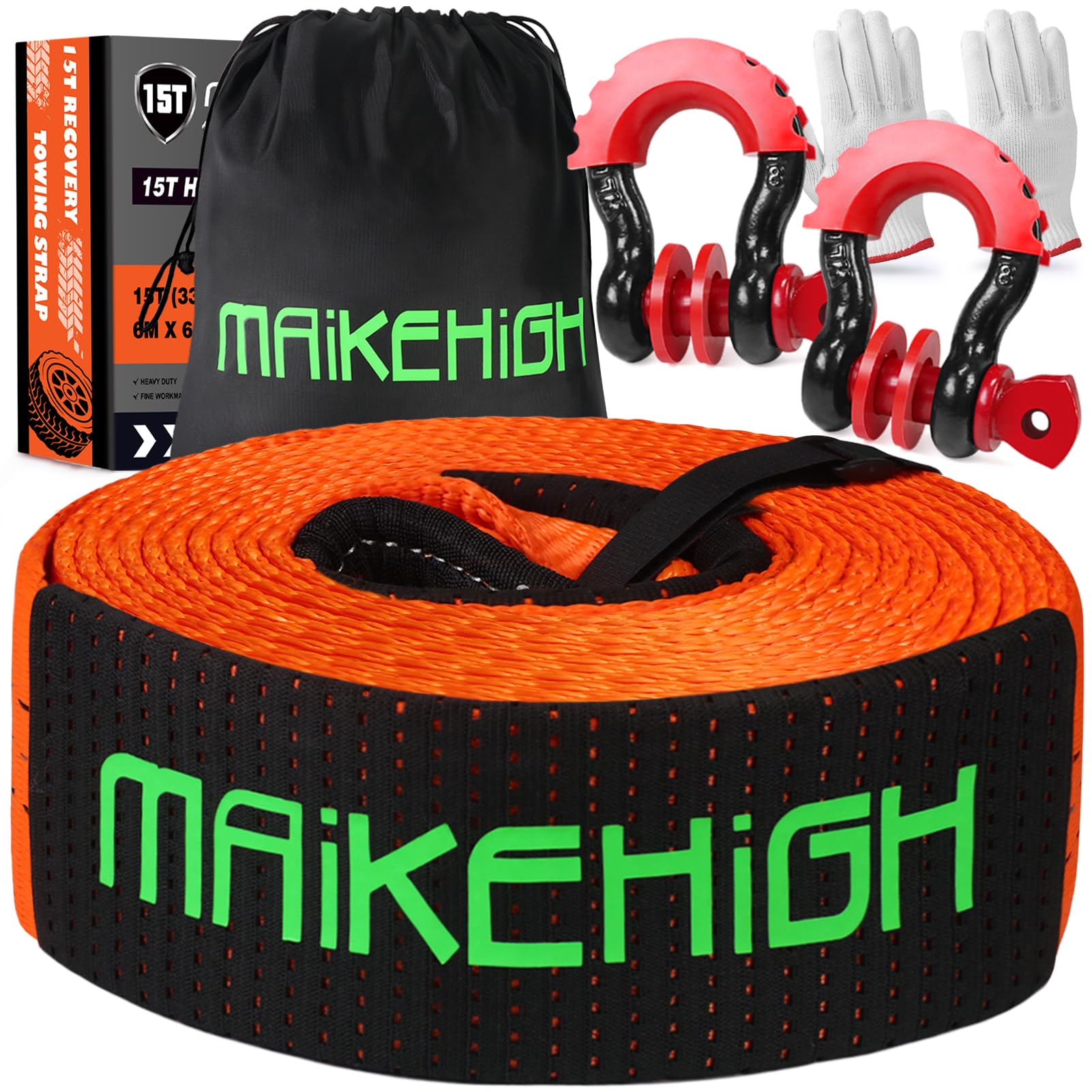 MAIKEHIGH Tow Rope 15 Ton (33,700 Lbs), 6M x 6.7cm Off-Road Recovery Towing Strap with 2 Upgraded Reinforced Shackles, 2 Gloves for Car, Truck, SUV (Orange)