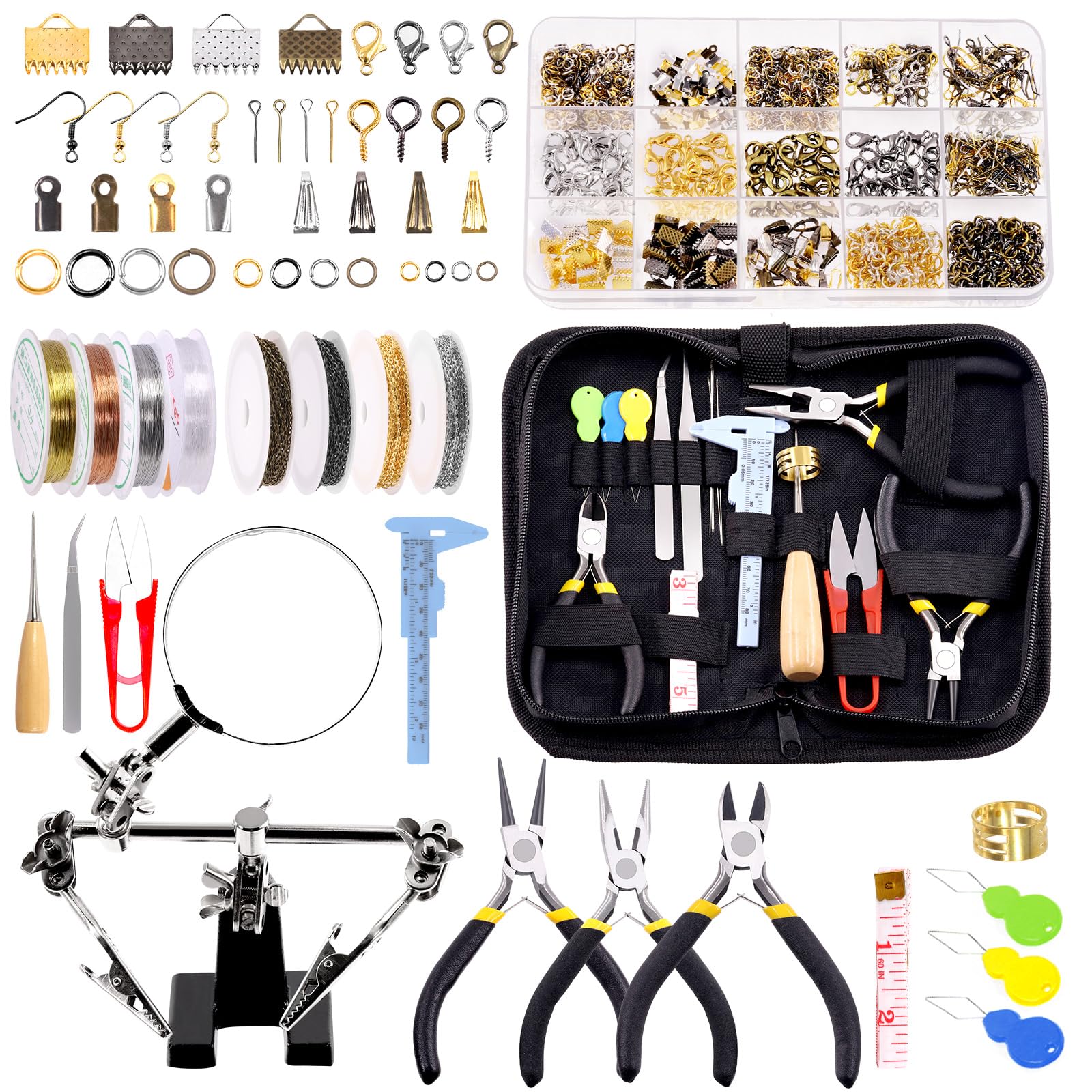 Hilitchi 1489Pcs Jewelry Making Supplies Kit with Helping Hands Magnifier, Jewelry Wires Jewelry Making Repair Tools Jewelry Pliers Jewelry Findings and Beading Wires Wrapping and Beading