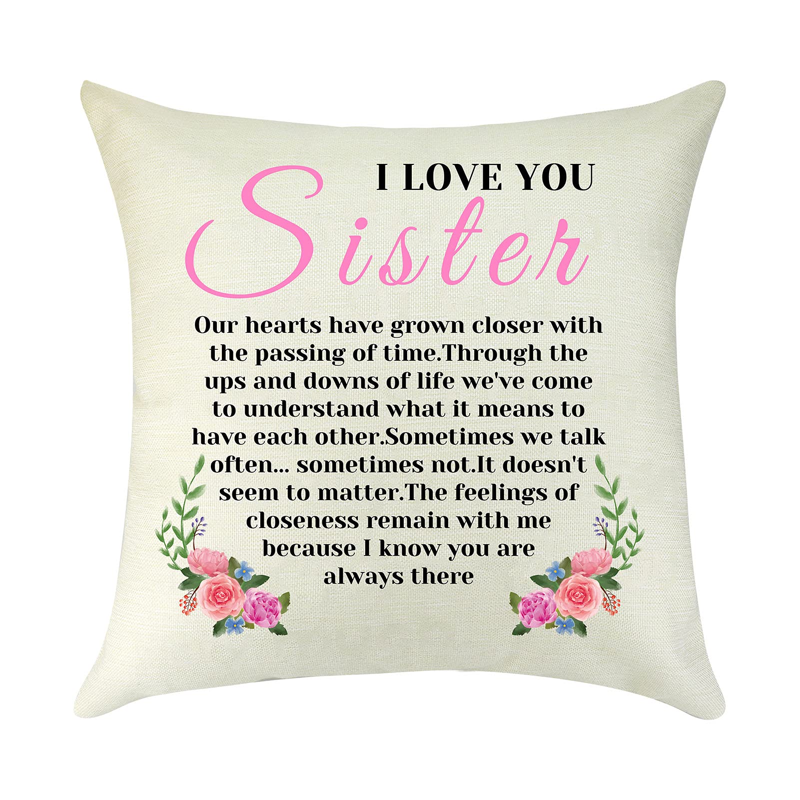 Mikela Sister Gifts from Sister Sister Pillow Cover Thank You Gift Graduation Birthday Wedding Gift for Sister Best Friend Bestie Square Throw Pillow Case Cushion Cover for Sofa Couch 18 x 18