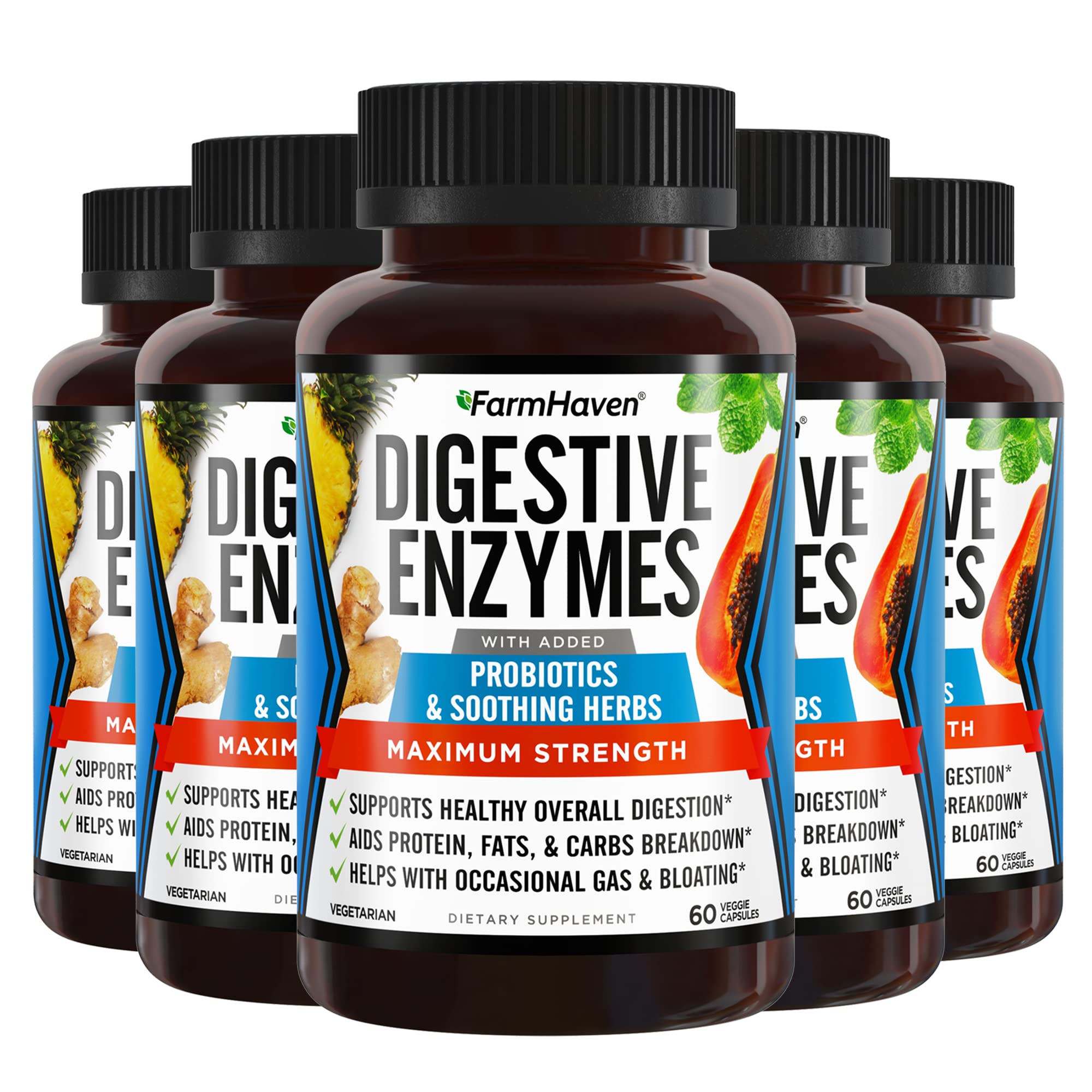 FarmHavenDigestive Enzymes with 18 Probiotics & Herbs | Papaya, Bromelain, Protease & More for Lactose Absorption & Better Digestion | Helps Bloating, Gas, Constipation | Vegetarian, 300 Capsules