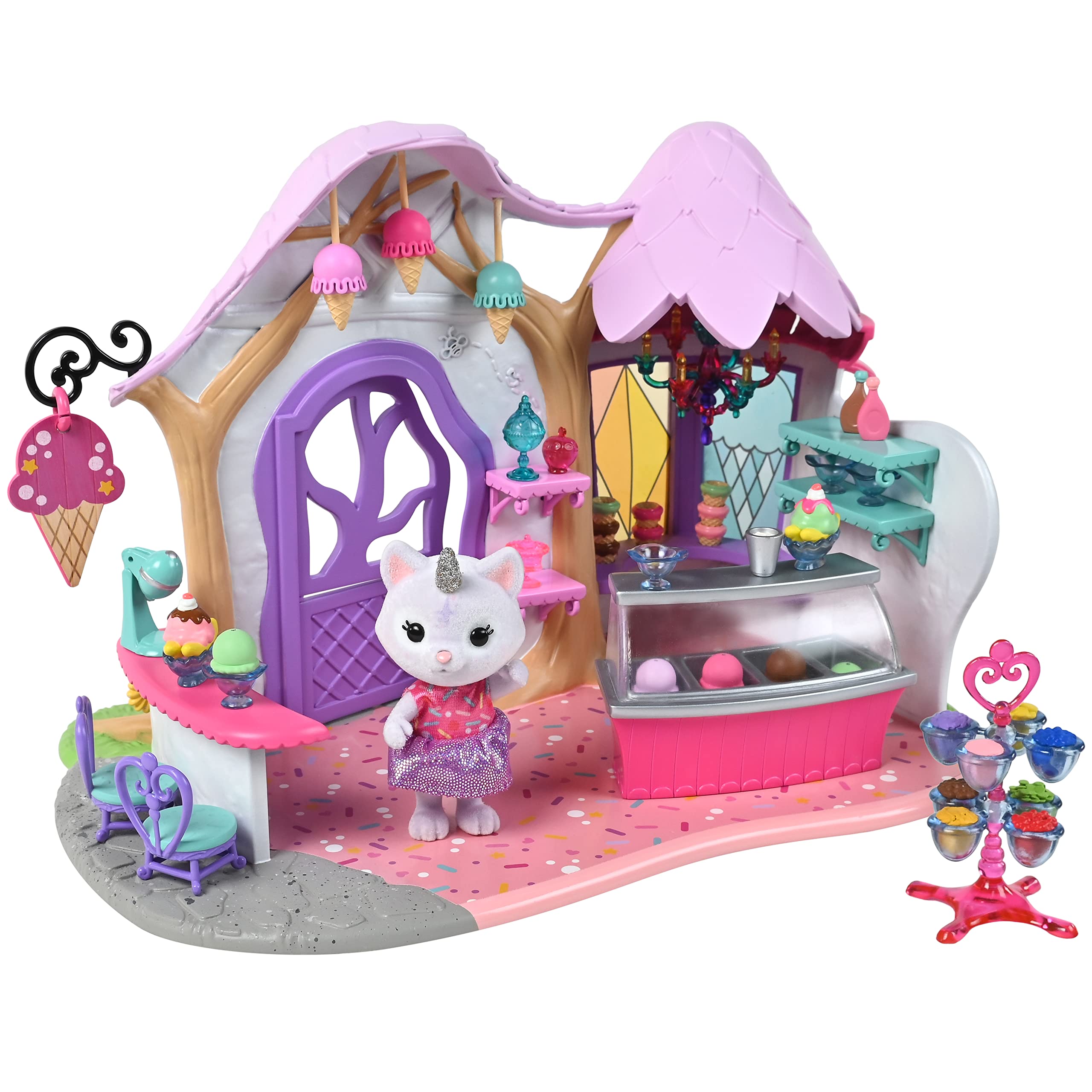 Sunny Days Entertainment Honey Bee Acres Rainbow Ridge Crystal’s Ice Cream Shop – 36 Furniture Accessories with Exclusive Unicorn Figure | Fantasy Dollhouse Playset | Pink Pretend Play Toys for Kids