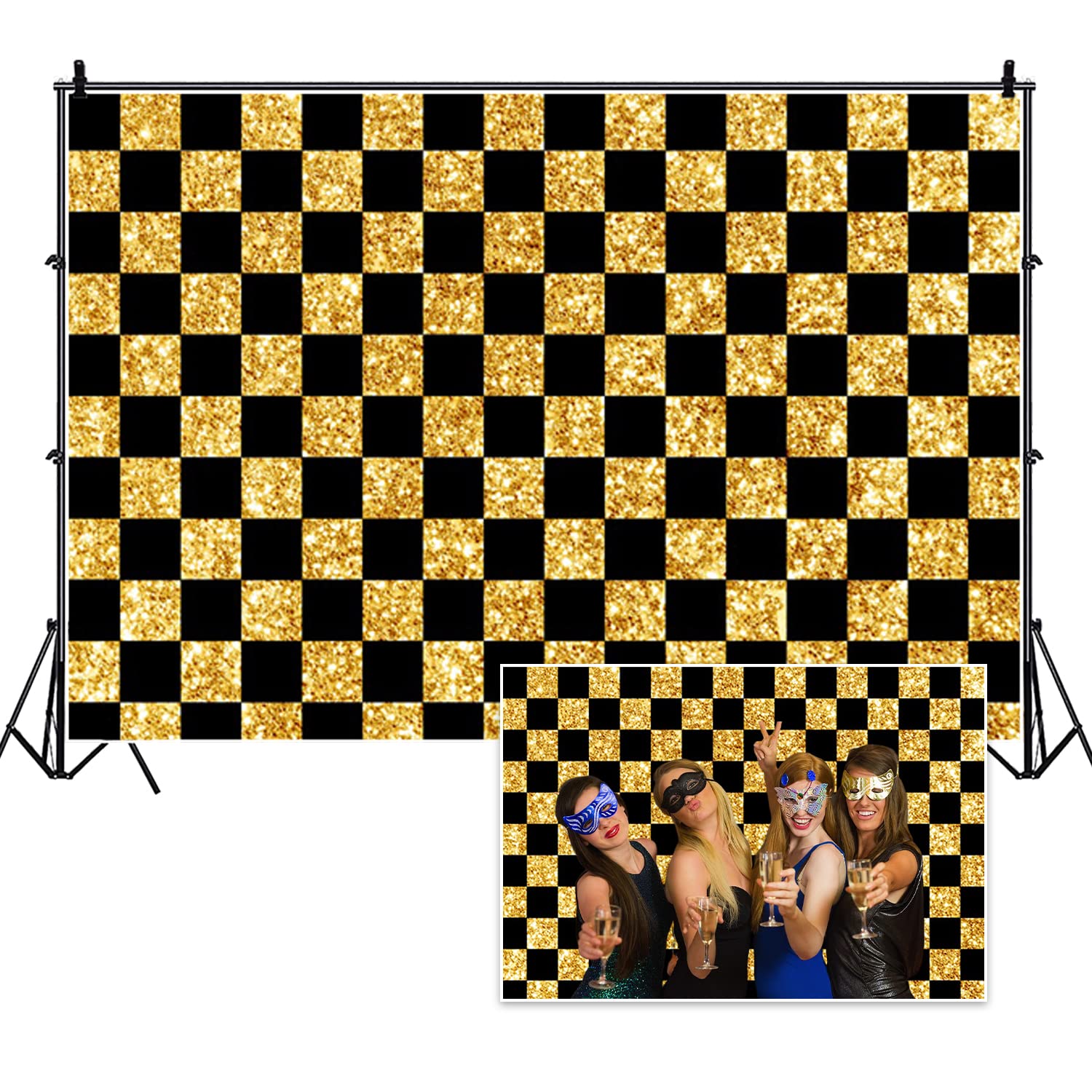 DORCEV 7x5ft Black and Gold Checkers Photography Backdrop Chess Board Theme Checkerboard Grid Banner Background Racing Checker Texture Cosplay Party Adults Birthday Party Decorations Studio Props