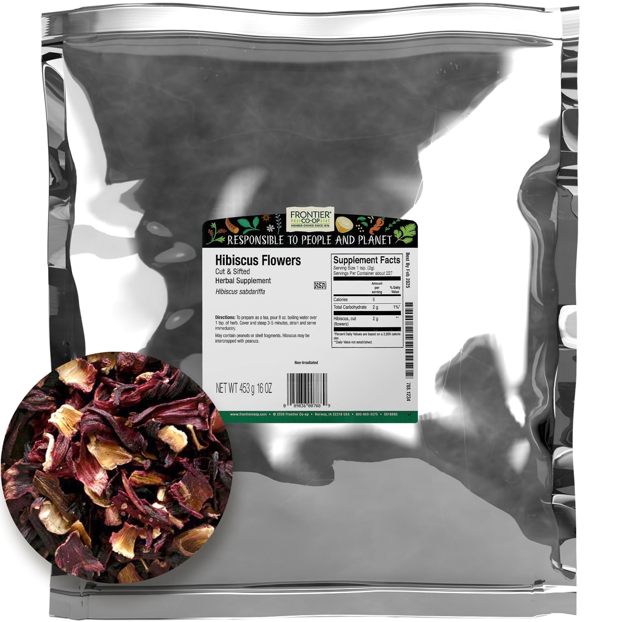 Frontier Co-op Hibiscus Flowers, Cut & Sifted, Kosher | 1 lb. Bulk Bag | Hibiscus sabdariffa L.