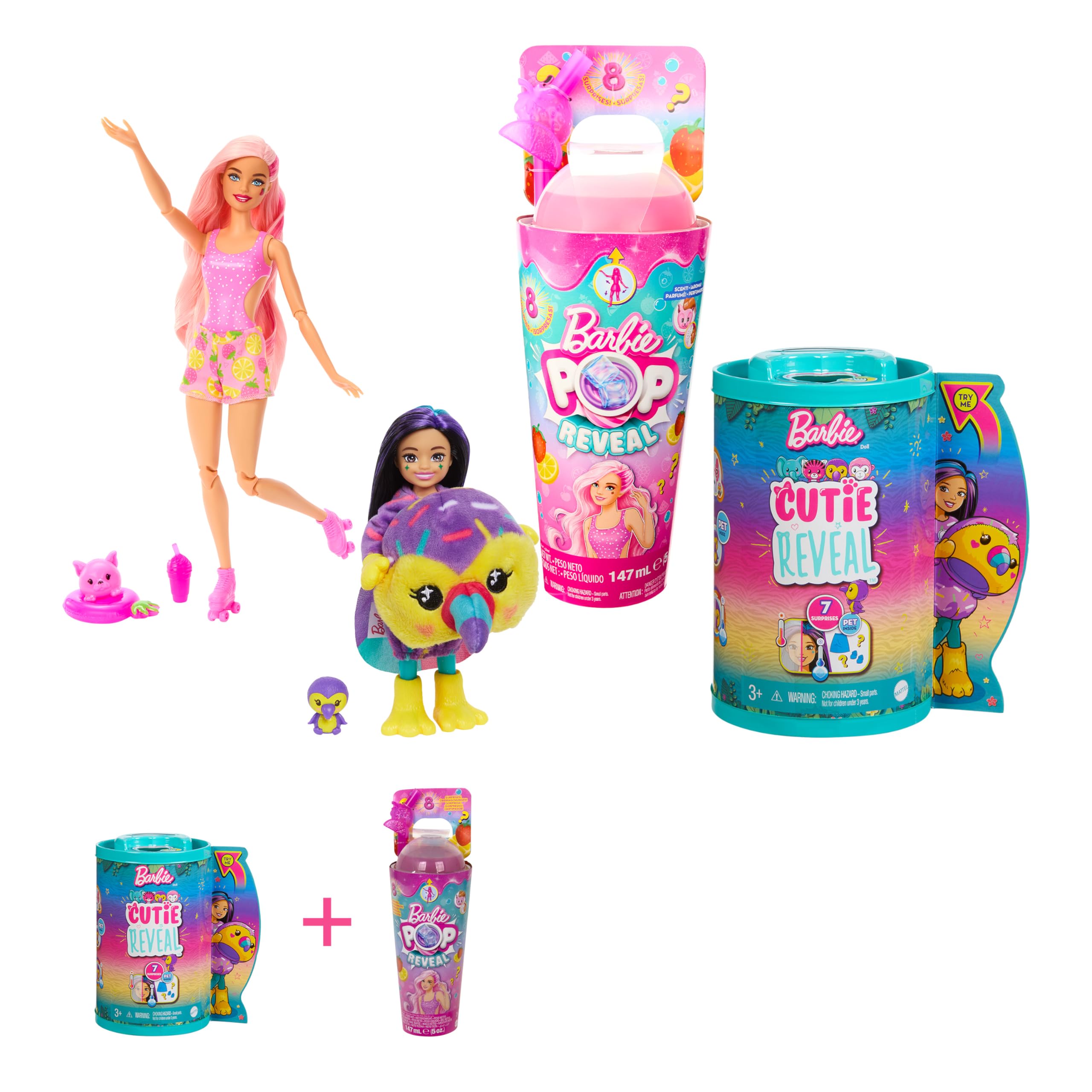 Barbie - Bundle Pack - Pop Reveal Doll Fruity design (HNW41) + Cutie Reveal Chelsea (HKR16). Unboxing experience, Chelsea Doll with Toucan Plush Costume & 7 Surprises Including Color Change.