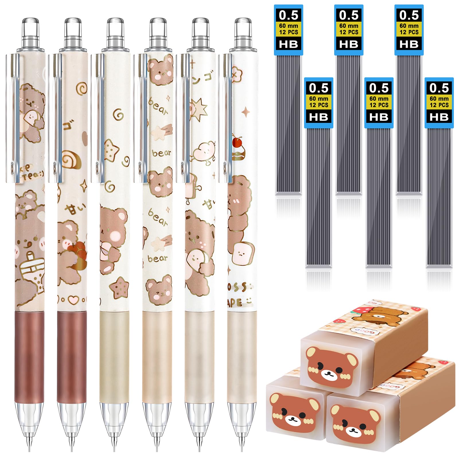 Sabary Kawaii Mechanical Pencil Set Include Bear Mechanical Pencils with Tubes 0.5 mm Pencil Refills Cute Erasers First Day of School Supplies Christmas Pen Gift for Kids Student