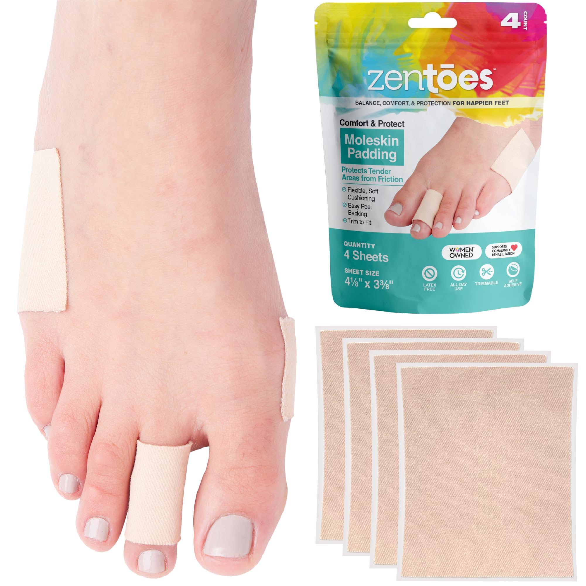 ZenToes Moleskin for Feet Self Adhesive Sheets Blister Prevention Padding Cut to Fit Strips All Day Protection, Pain Relief from Rubbing Shoes, Friction and Pressure