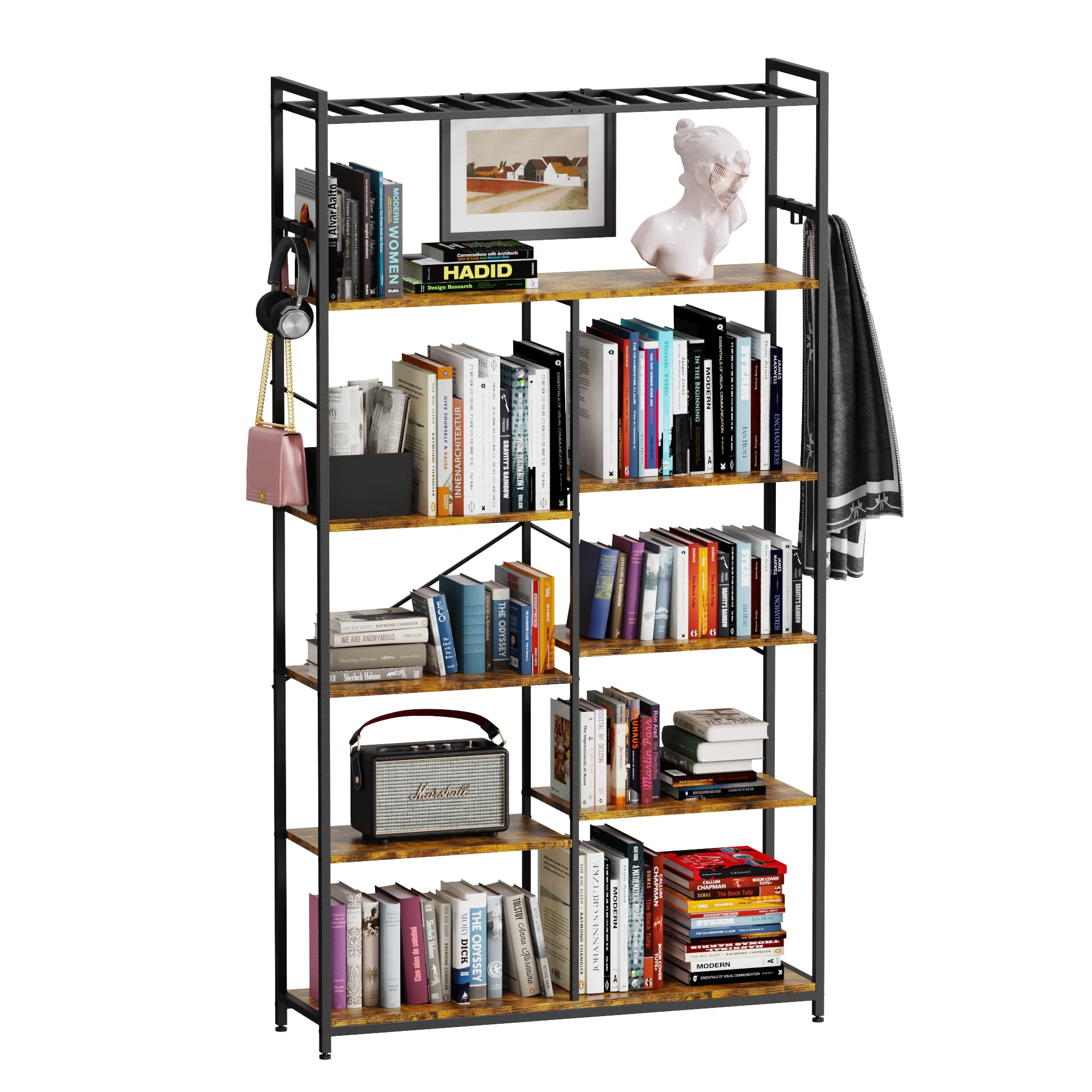 Iaocpio Double Wide 6 Tier Bookshelf, Bookshelves and Bookcases with 6 Hooks. Industrial Bookshelf for Living Room, Bedroom, and Home Office Brown.