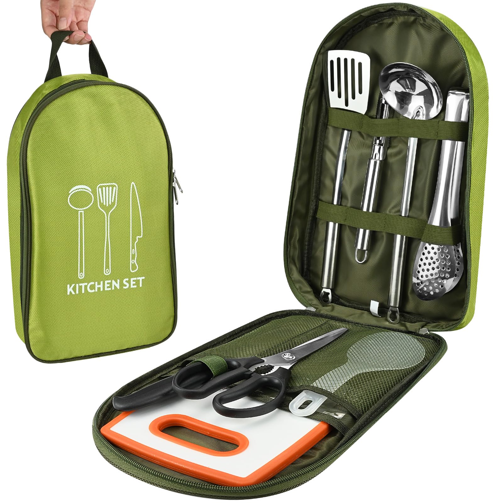 8 Pcs Camping Cooking Set, Portable Outdoor Cookware Utensils, Kitchen Cutlery Set with Multifunctional Stainless Steel Cutlery and Waterproof Storage Bag. Suitable for Outdoor Travel Camping Picnic