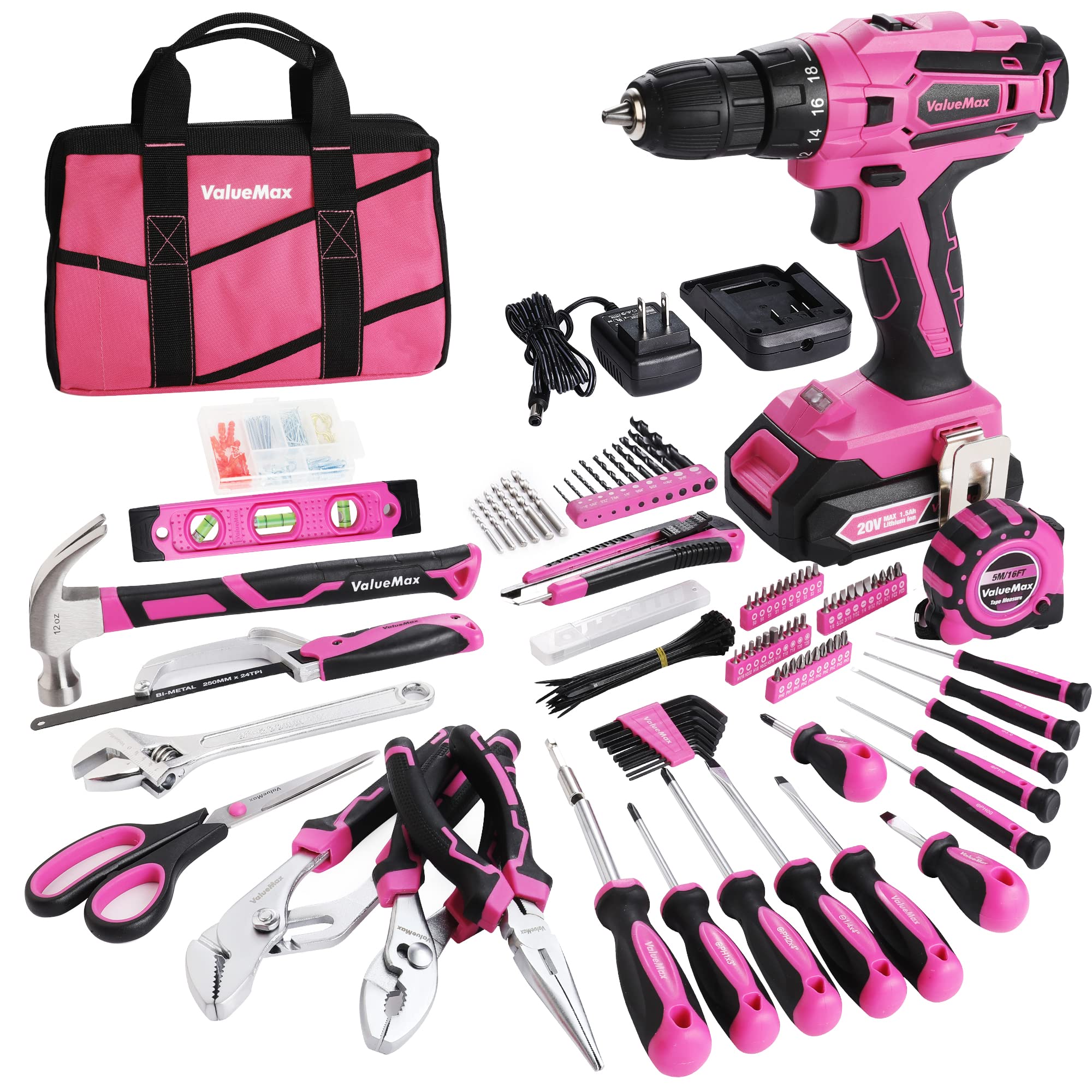 ValueMax Home Tool Kit with Drill, 238-Pieces Pink Tool Set with 20V Cordless Lithium-ion Drill, Power Tool Set with Wide Mouth Open Storage Bag, Basic Drill Sets Combo Kit for DIY and Daily Repair