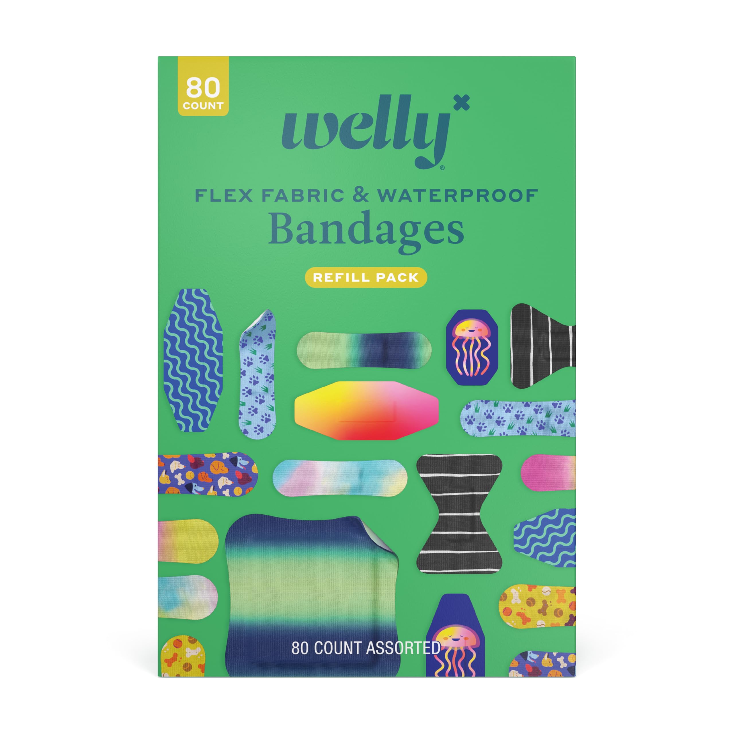 WellyBandage Family Pack | Adhesive Flexible Fabric & Waterproof Bandages | Assorted Shapes and Patterns for Minor Cuts, Scrapes, and Wounds - 80 Count