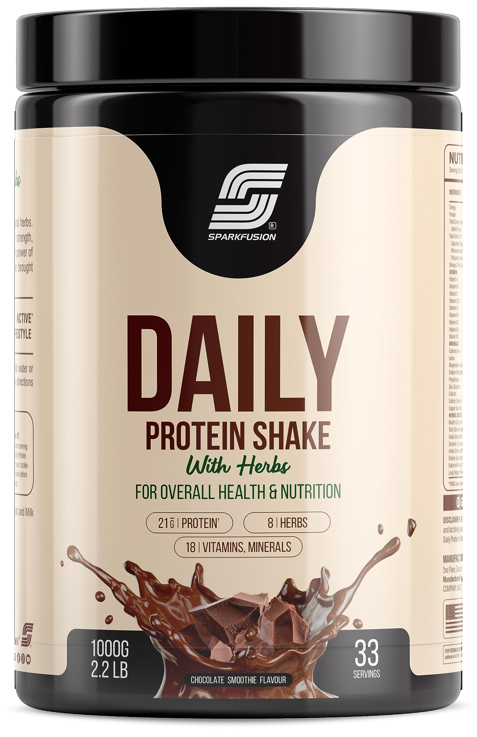 Sparkfusion Daily Protein Shake With Hebrs | 21 Gm Protein With 8 Hebrs For Men & Women | Chocolate Smoothie Flavour 1 kg