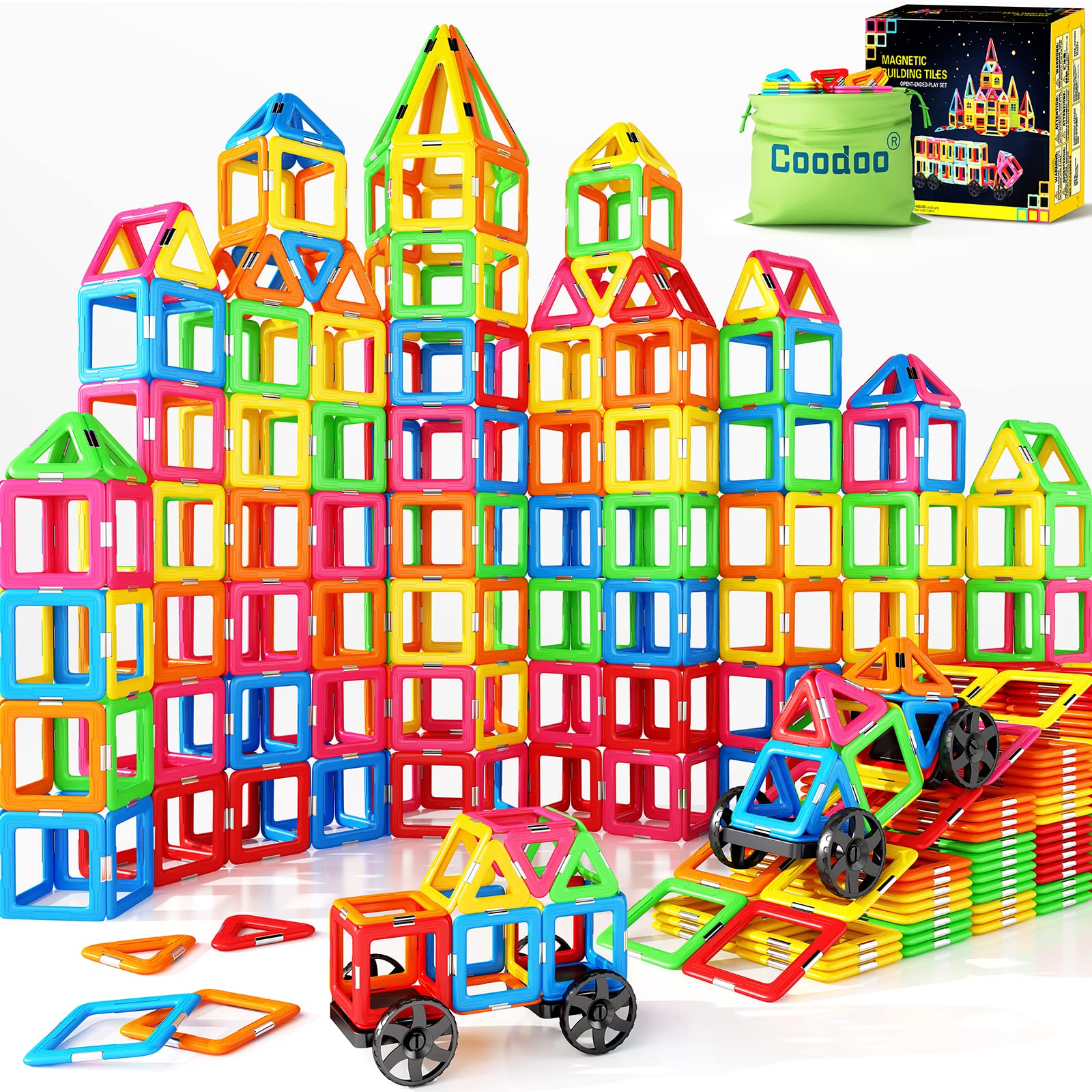 CoodooMagnetic Tiles with 2 Cars Magnetic Toys for 3 4 5 6 7 8+ Year Old Boys Girls, Magnetic Blocks Building Set for Toddlers STEM Creativity Educational Toys for Kids Age 3-6