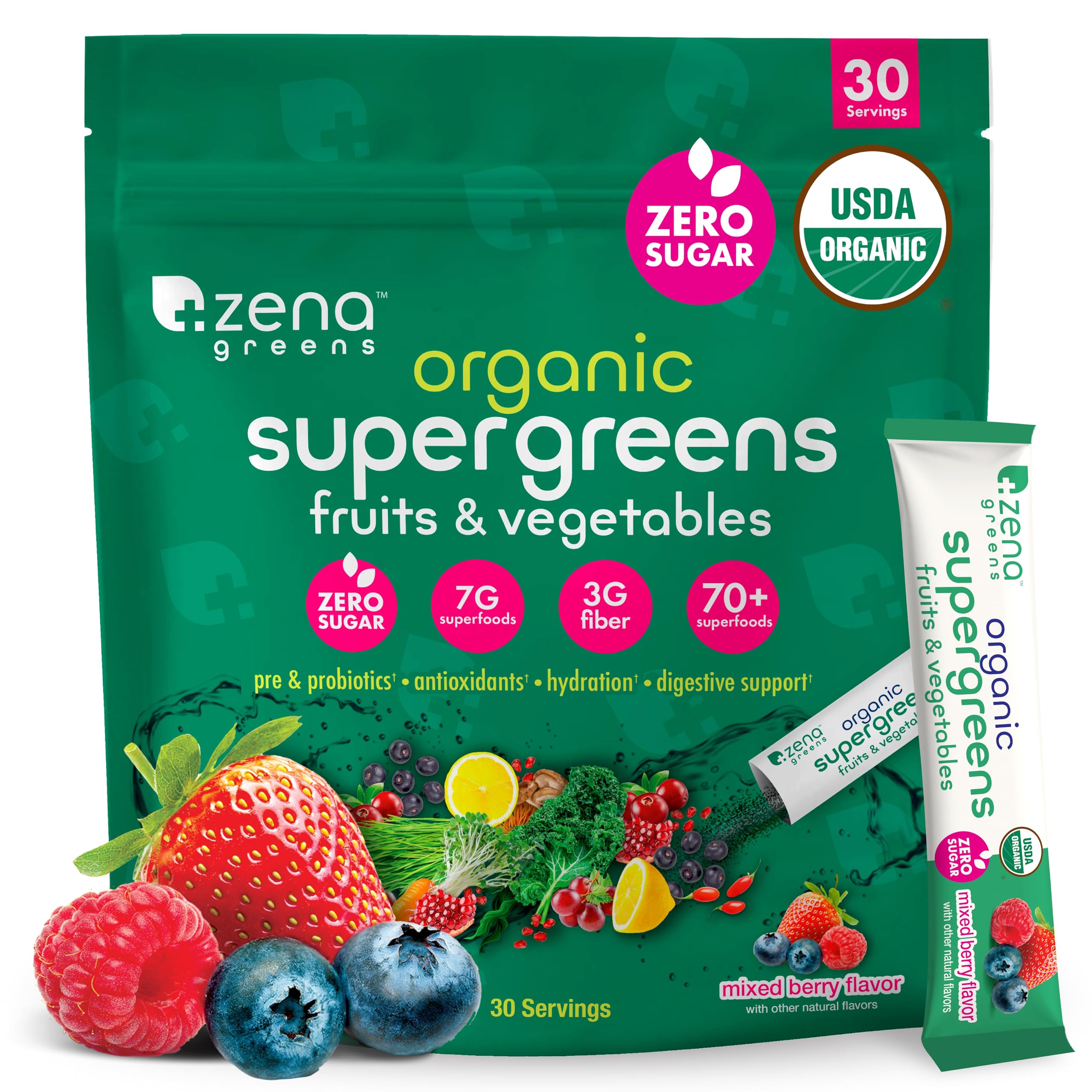 Zena Organic Super Greens Powder, 70+ Superfoods Drink Mix, 0 Sugar, 3G Fiber, Fruits, Veggies, Spirulina, Chlorella, Antioxidants, Pre & Probiotics, Digestive Enzymes, Mixed Berry Flavor, 30 Packets